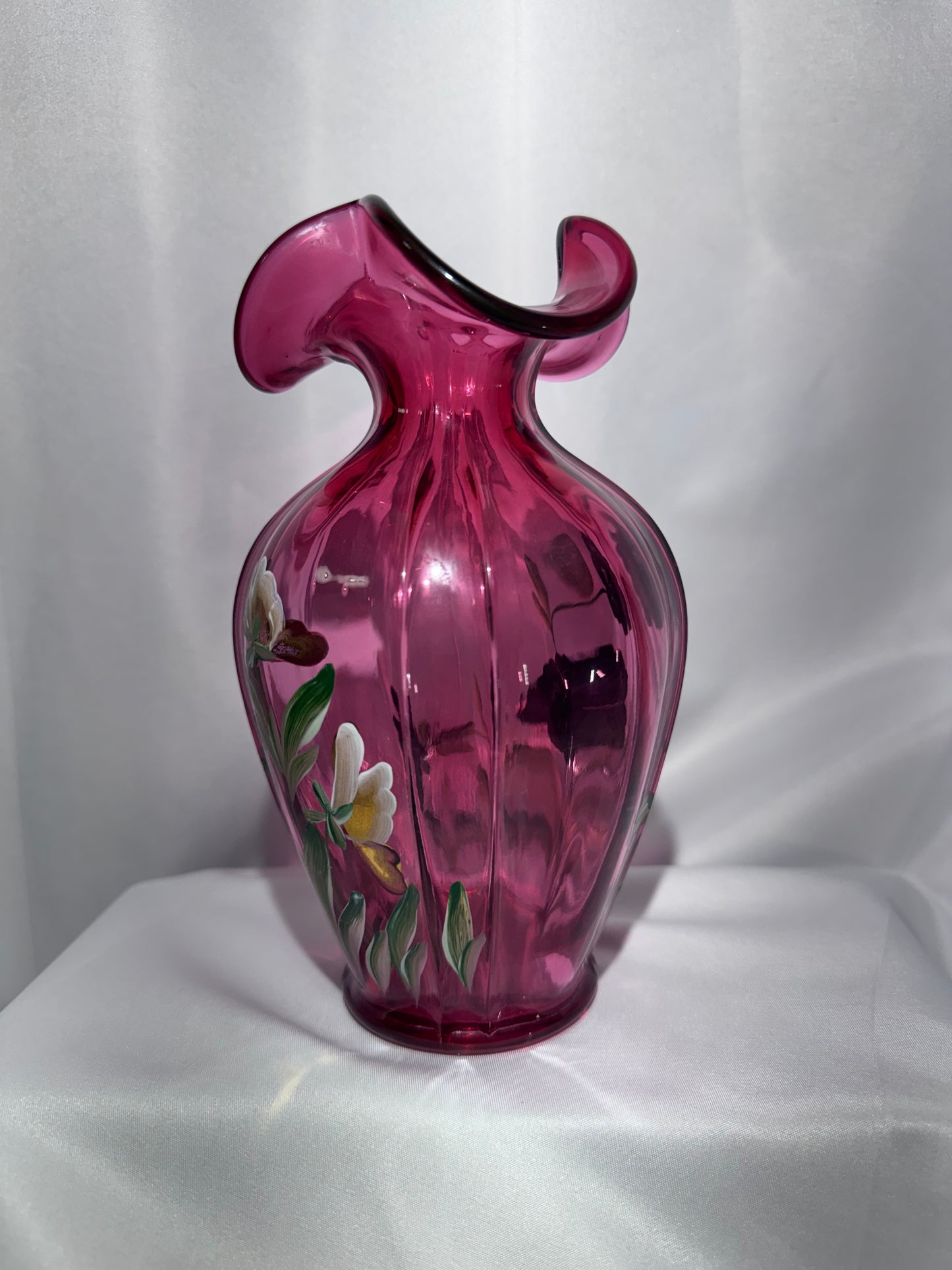 Fenton Cranberry Pansies Hand-Painted Vase – Signed 1995 – #93