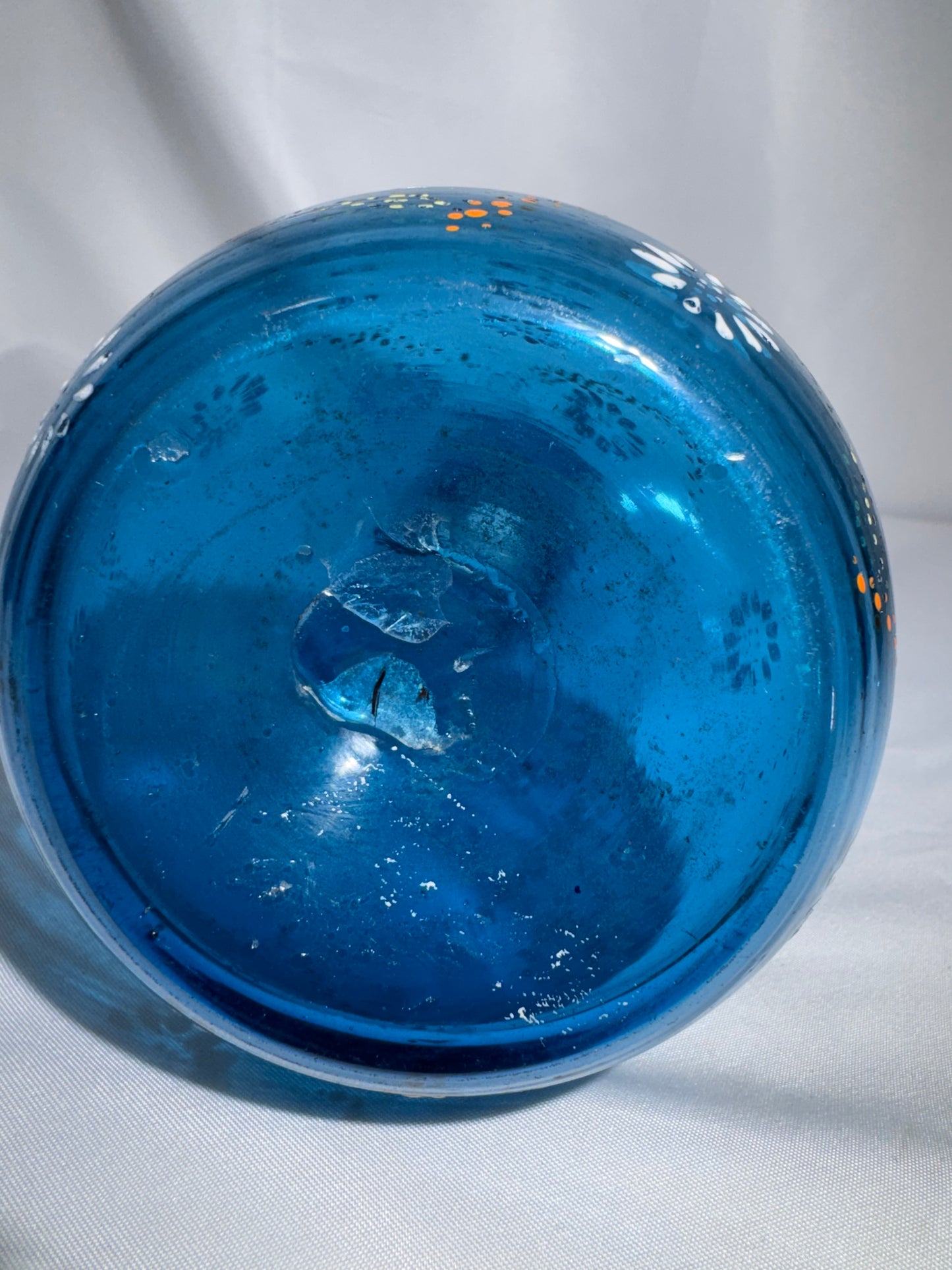 Antique Victorian Blue Glass Barber Bottle – Hand-Painted Daisy & Enamel Floral Design
