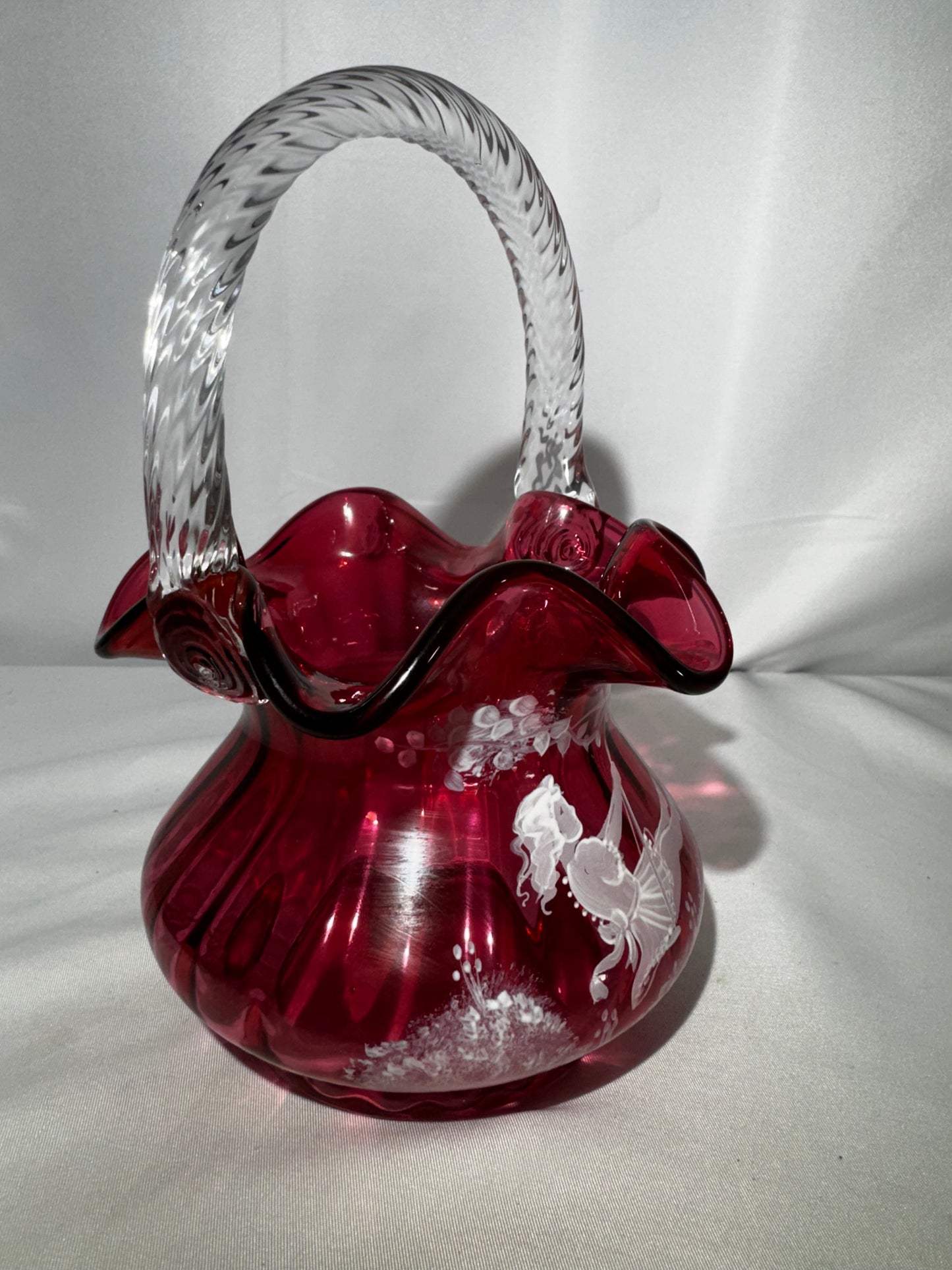 Fenton Art Glass Cranberry Basket Mary Gregory Child on Swing Hand-Painted #790/1500 Signed