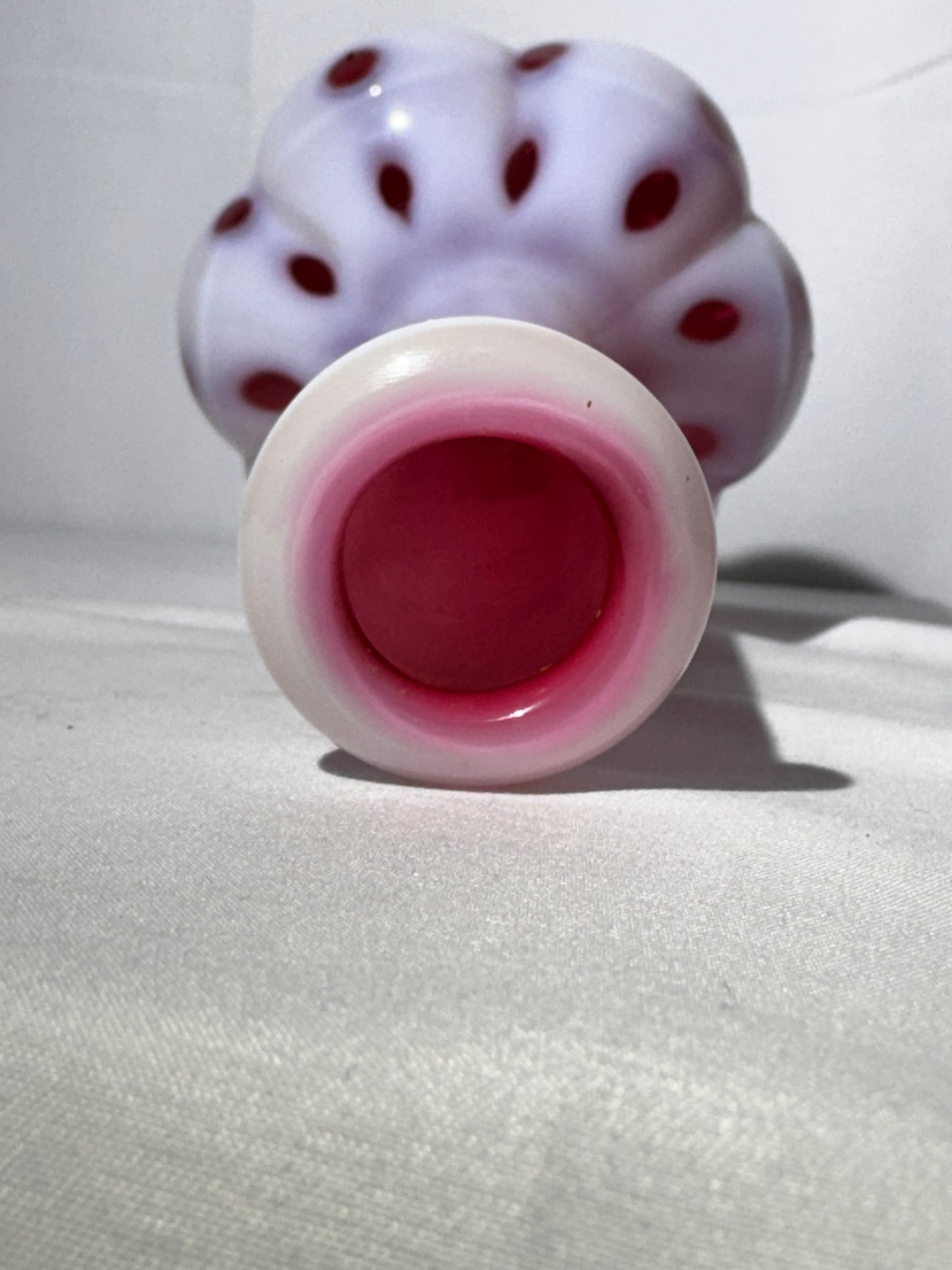 Vintage Barber Bottle – White & Cranberry Coin Pattern with Original Topper