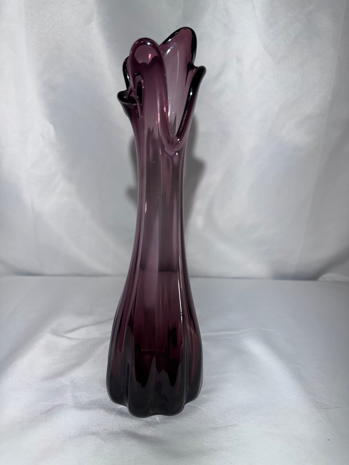 Vintage Amethyst Purple Glass Five-Finger Swung Vase – Mid-Century Modern – 10.5” Tall