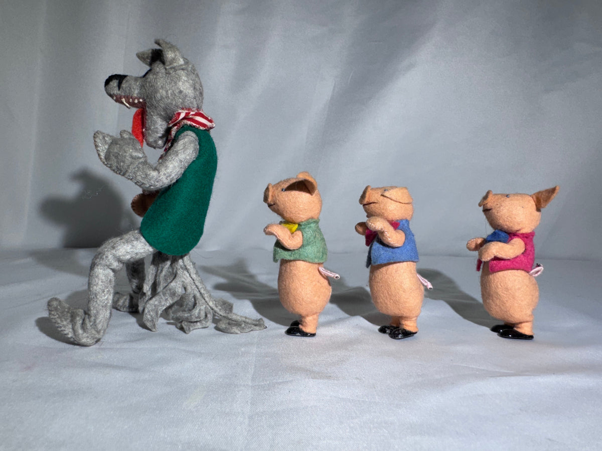 Vintage BAPS Germany Big Bad Wolf & Three Little Pigs Felt Miniature Doll Set – 1940s–1950s