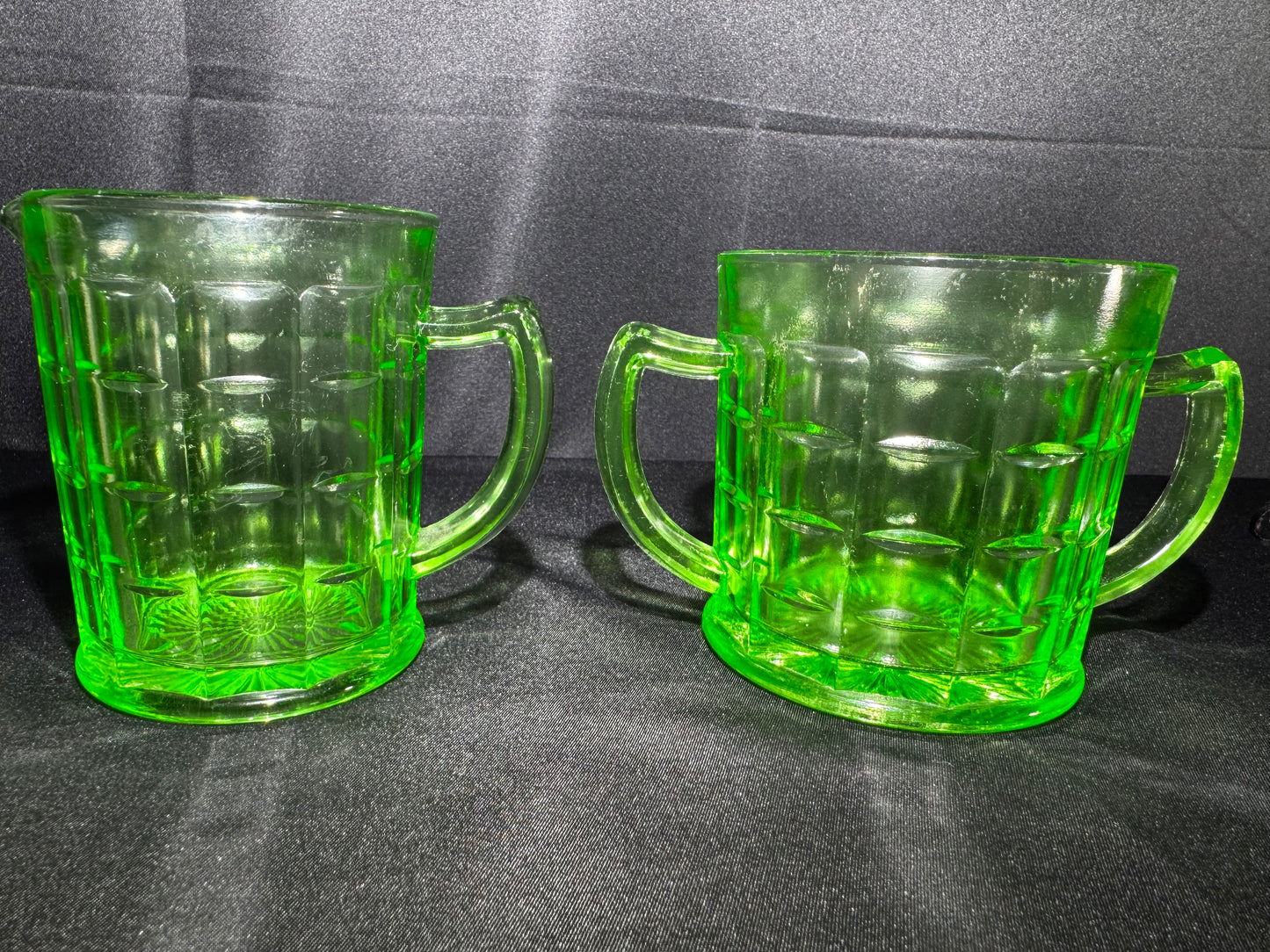 Vintage Hazel Atlas Colonial Block Green Uranium Depression Glass Creamer & Sugar Set