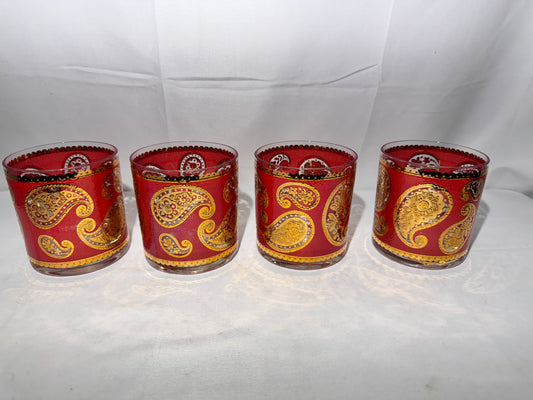 Vintage Culver LTD 22K Gold Red Paisley Lowball Glasses – Set of 4