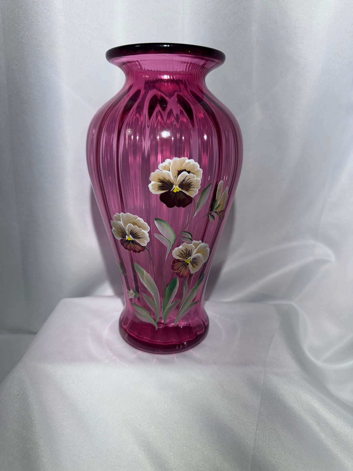 Fenton Pansies on Cranberry Optic Rib Vase 1994 – Hand-Painted – 9”