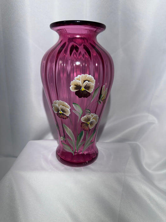 Fenton Pansies on Cranberry Optic Rib Vase 1994 – Hand-Painted – 9”