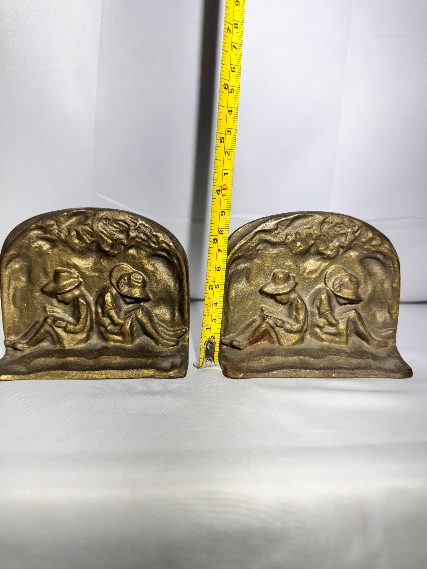 Vintage Art Deco Figural Bookends – Seated Reading Figures – Cast Bronze/Iron – c. 1920s
