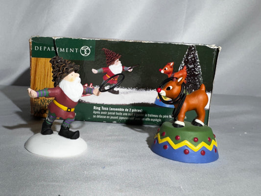 Department 56 North Pole Woods Ring Toss #56931 Retired Elf & Rudolph Figurine Set w/ Box