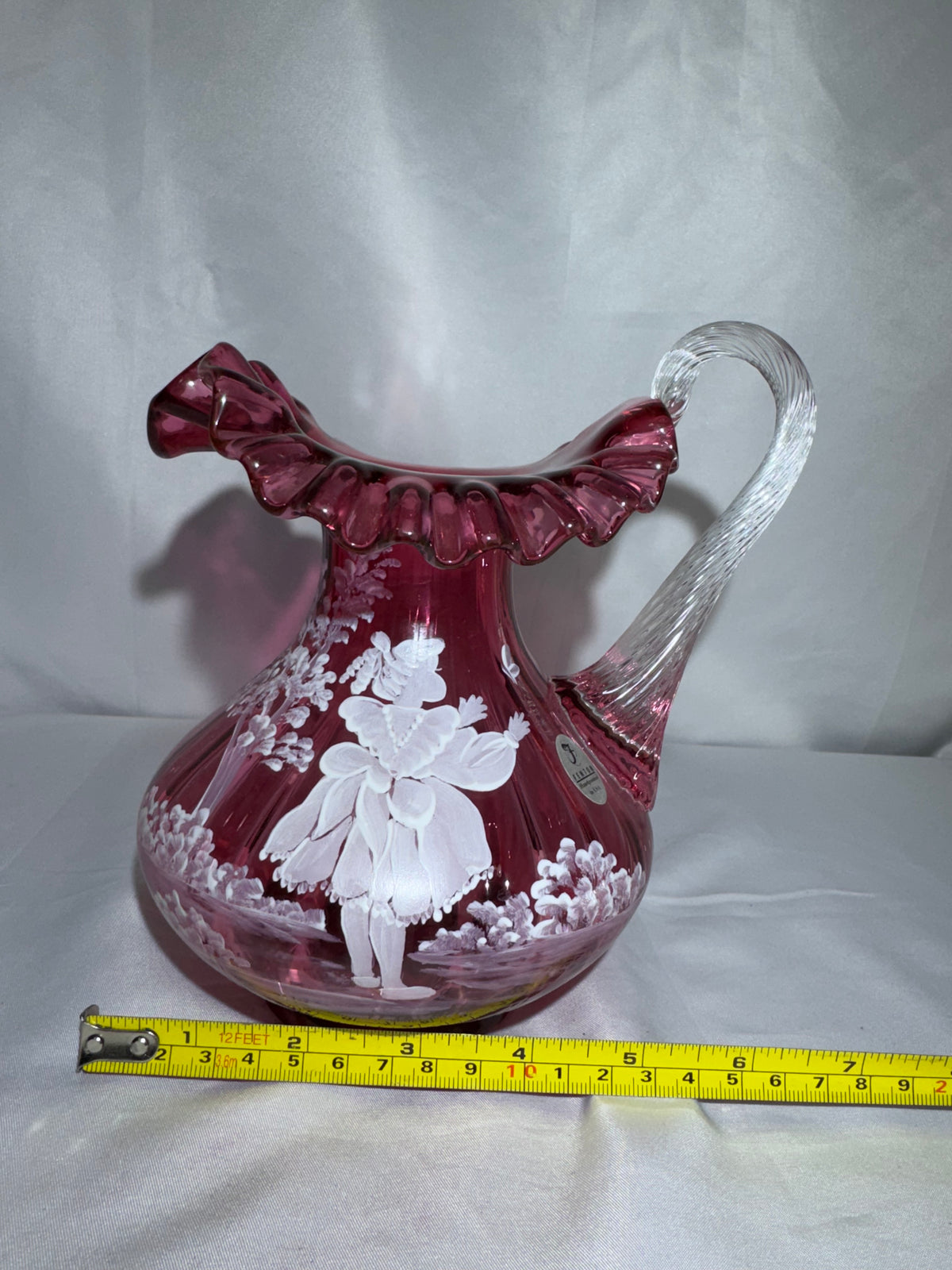 Fenton Cranberry Glass Mary Gregory Style Hand-Painted Pitcher – S. Hart – #1570/2250