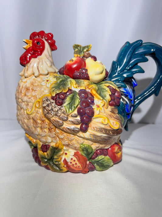 Colorful Ceramic Rooster Teapot – Hand-Painted Farmhouse Harvest Decor