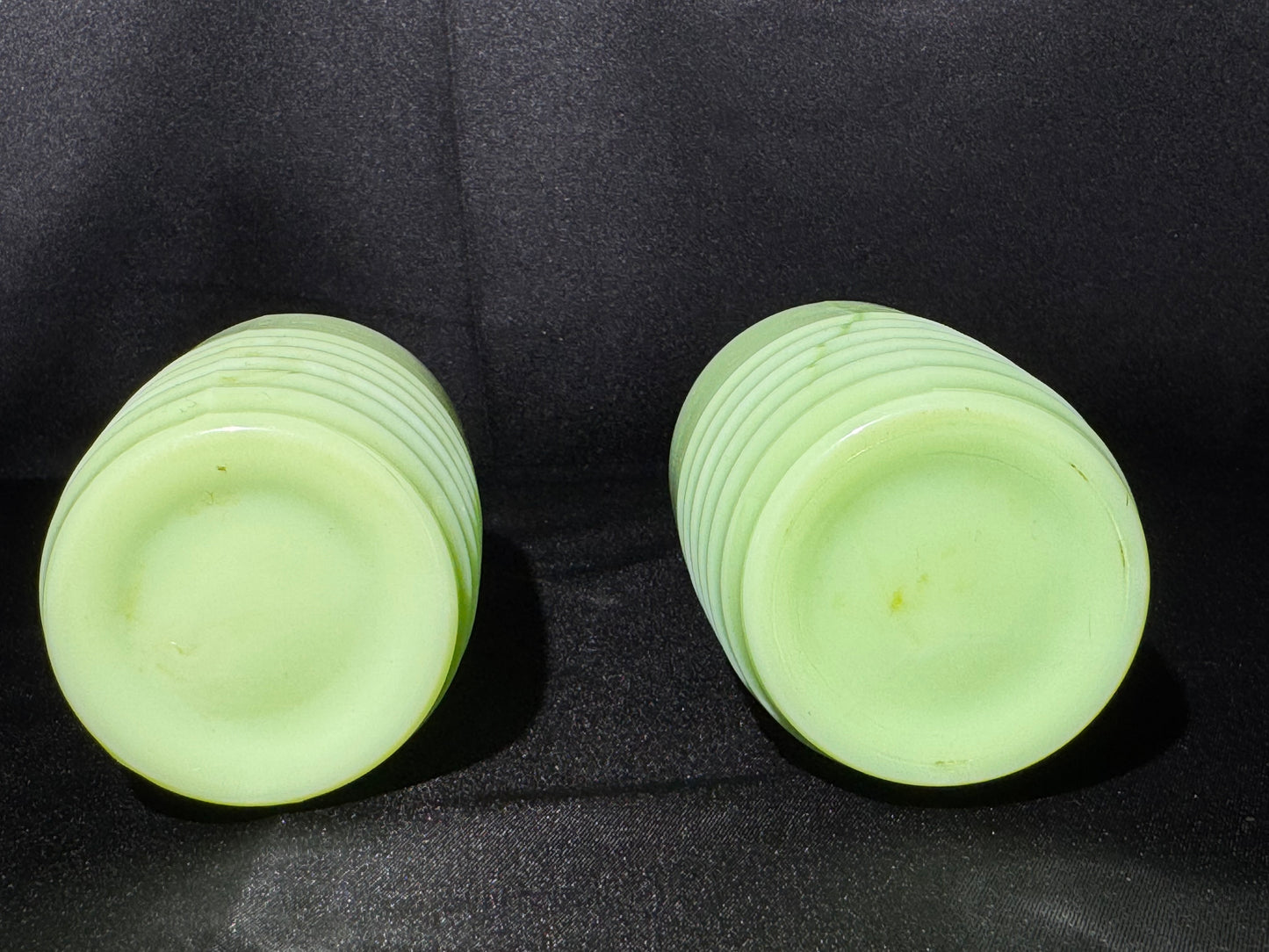 Vintage Jeannette Jadeite Salt & Pepper Shakers Ribbed Beehive Uranium Glass 1930s