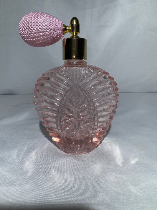 Vintage Pink Glass Perfume Atomizer Bottle Ribbed Faceted Design Gold Tone Sprayer