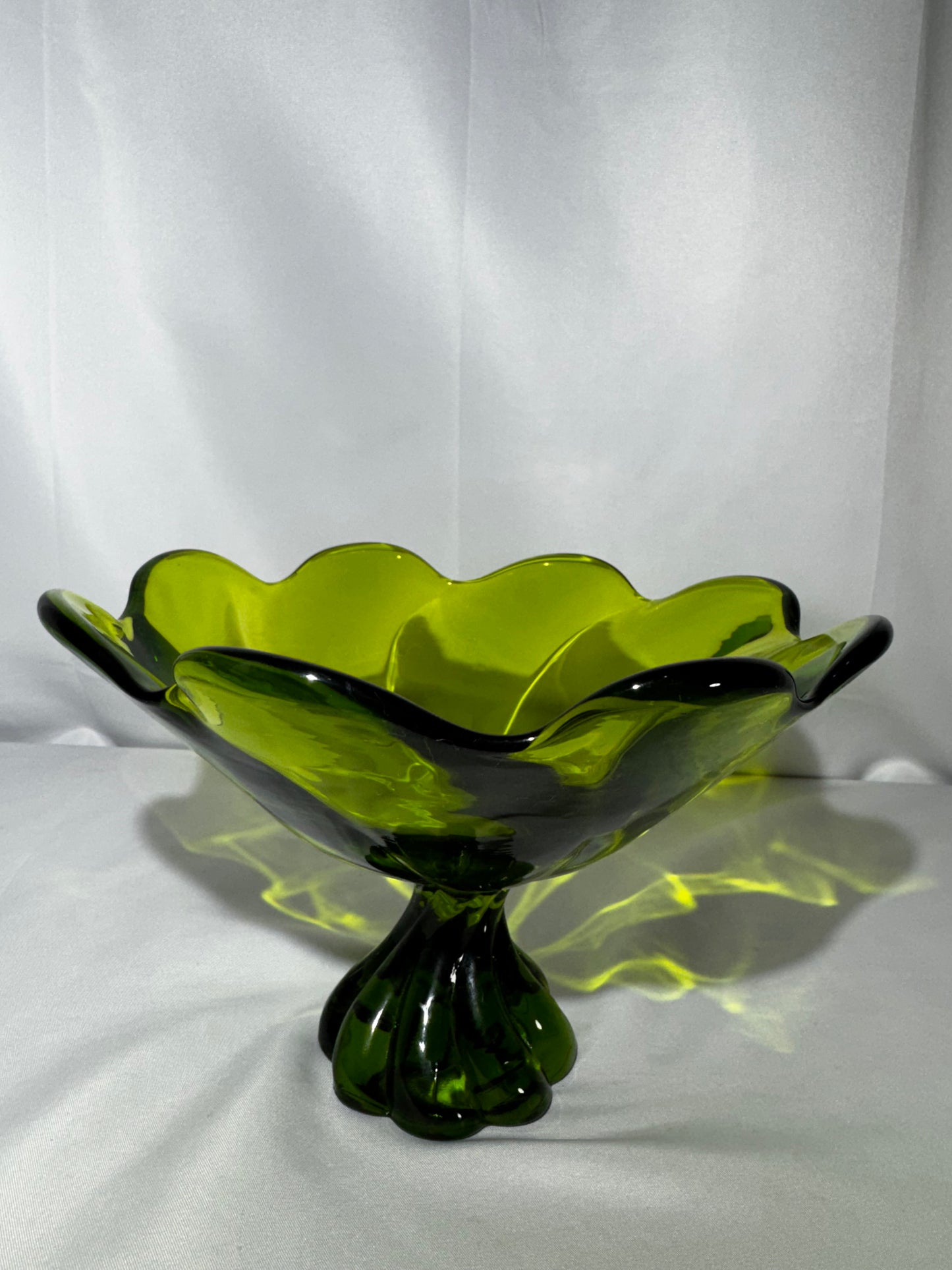 Vintage Viking Glass Epic Avocado Green Compote Bowl Twisted Pedestal Ruffled 8”