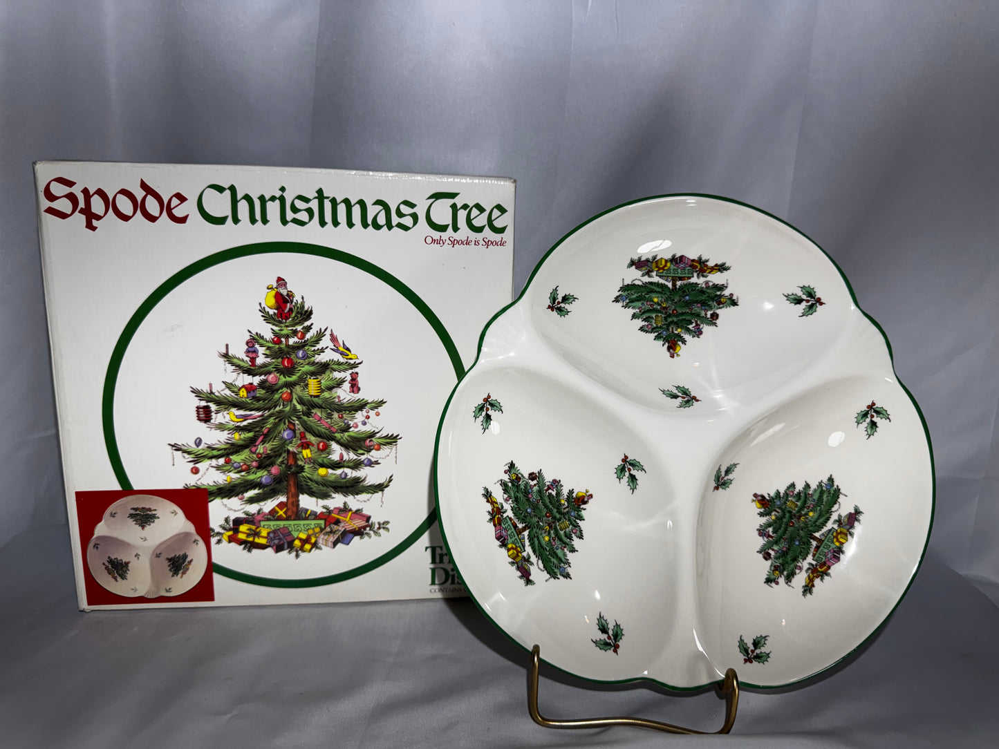 Spode Christmas Tree 3 Section Divided Hors D’Oeuvres Tray Green Rim Serving Di