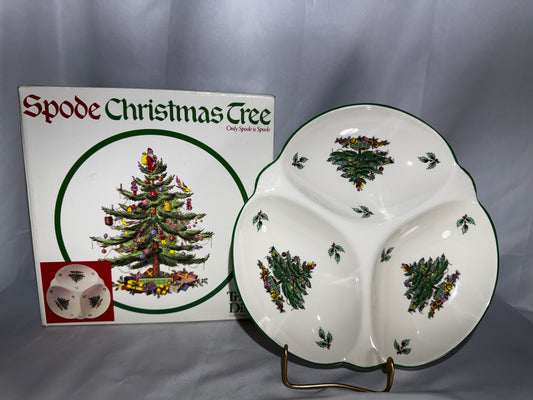 Spode Christmas Tree 3 Section Divided Hors D’Oeuvres Tray Green Rim Serving Di