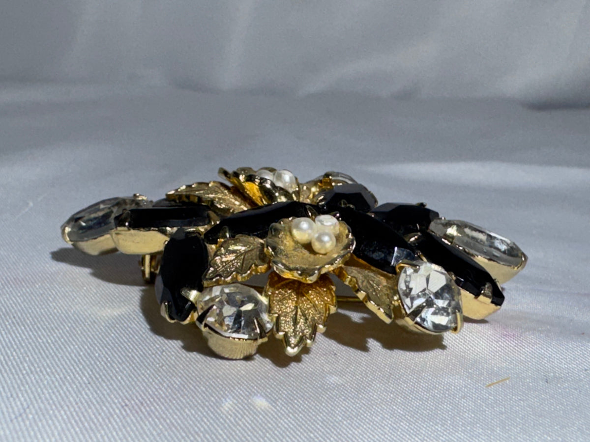 Vintage Weiss Style Black Rhinestone Floral Brooch Faux Pearl Gold Tone Unsigned