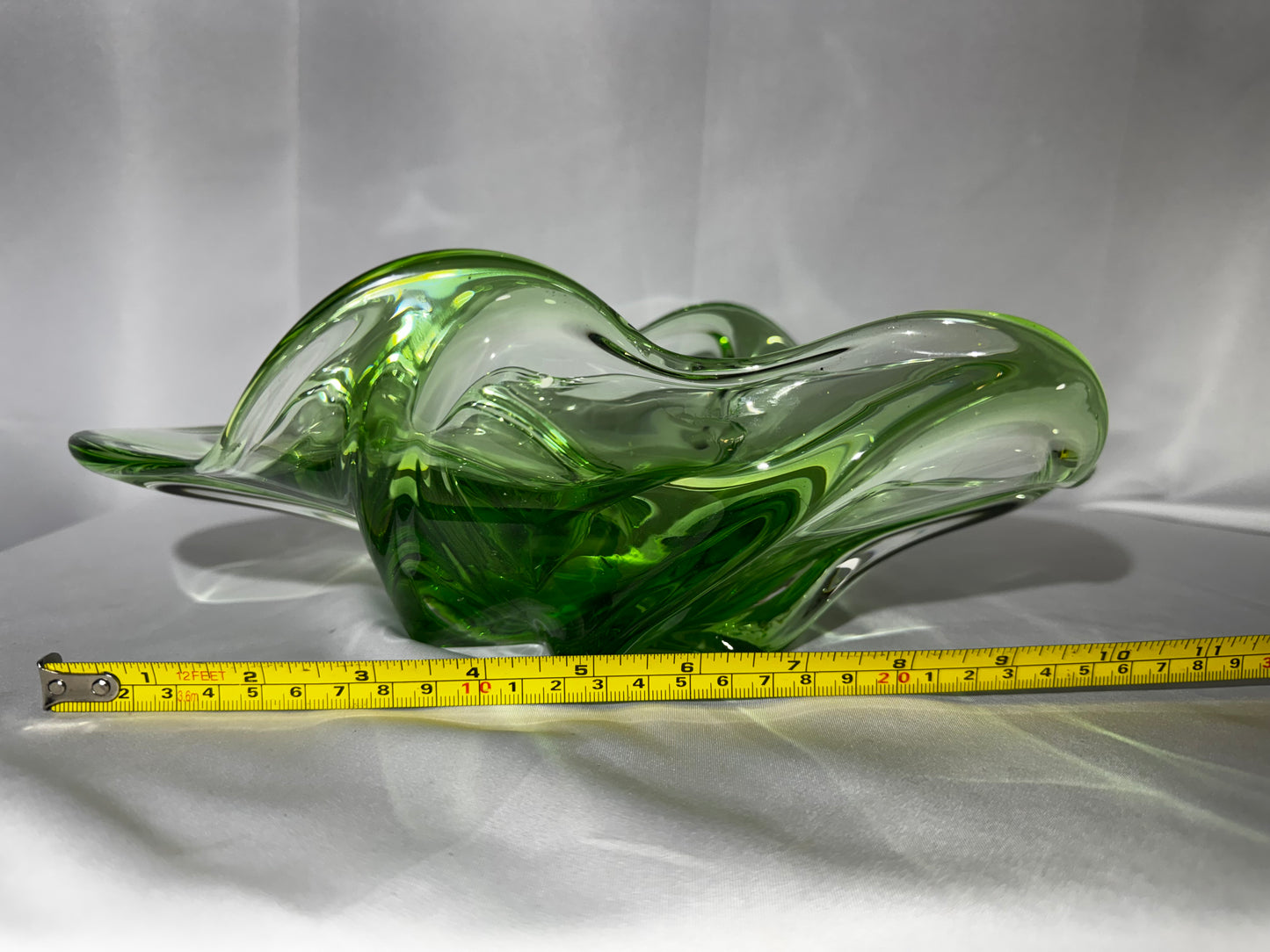 Vintage Mid-Century Emerald Green Hand Blown Art Glass Freeform Console Bowl 12”