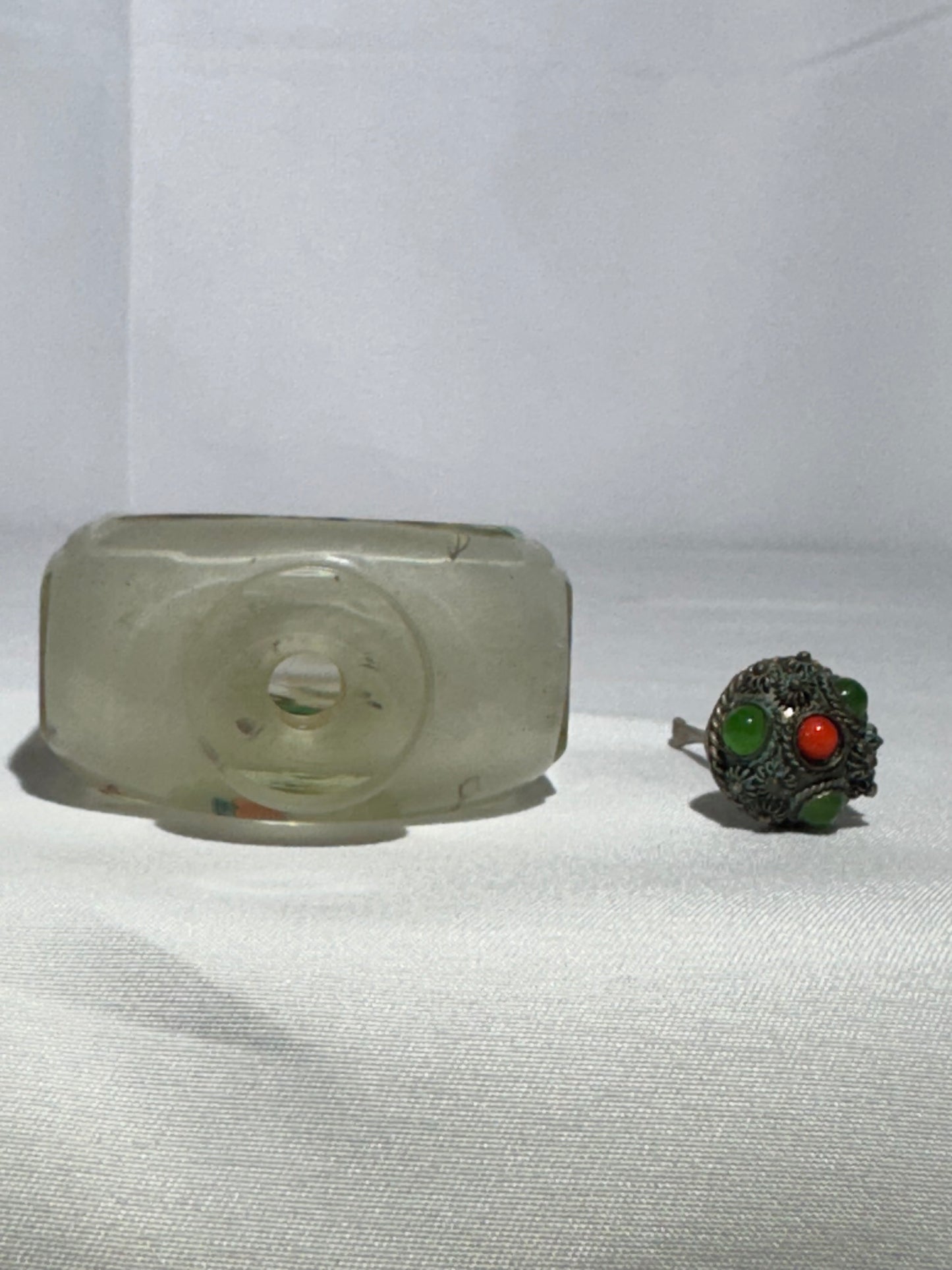 Antique Chinese Inside Painted Glass Snuff Bottle – Man with White Horse & Man Training Brown Horse – Original Metal Topper with Possible Jade & Coral