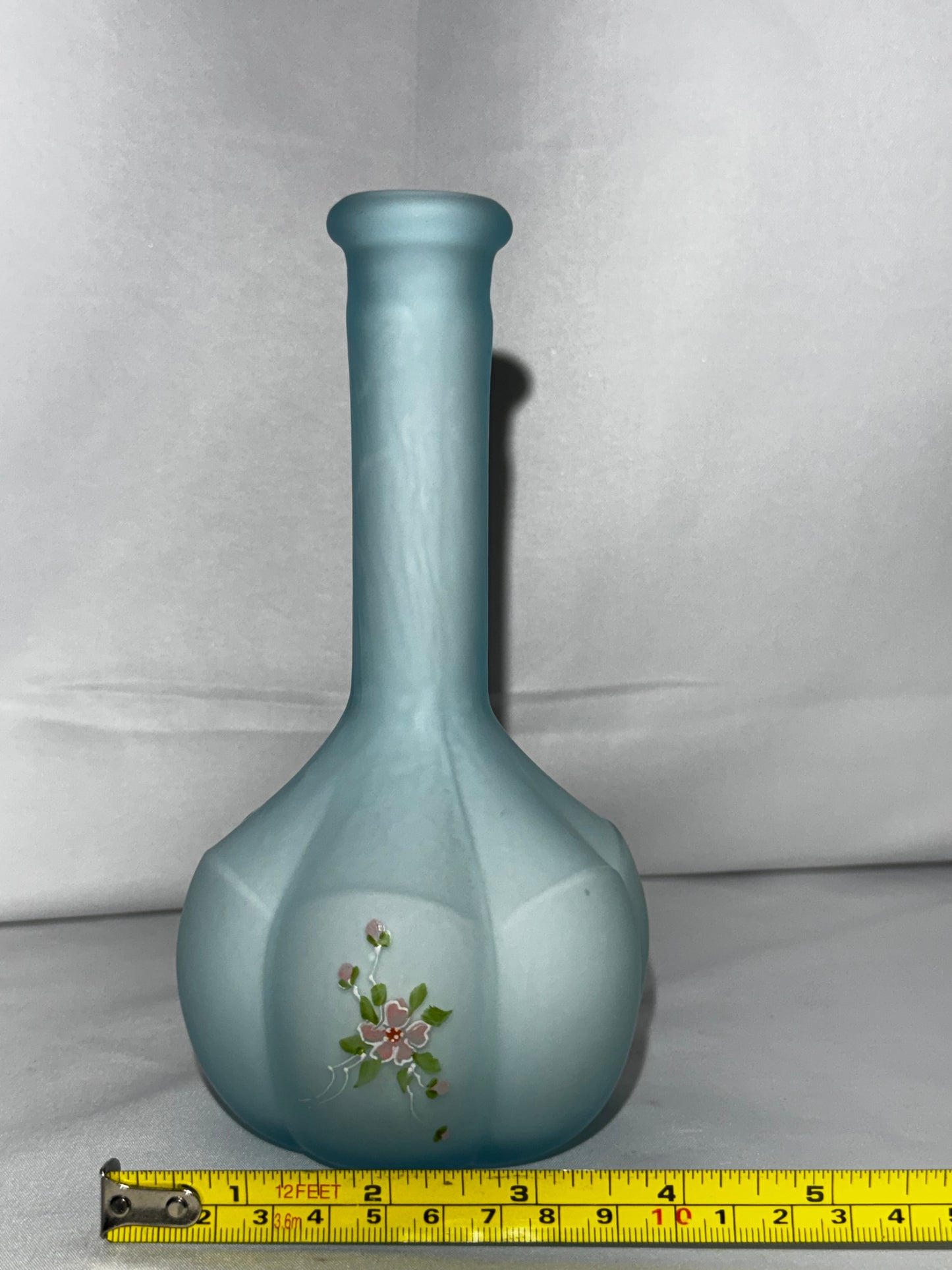 Vintage Fenton Baby Blue Satin Glass Barber Bottle – Hand-Painted Floral – 7.5”