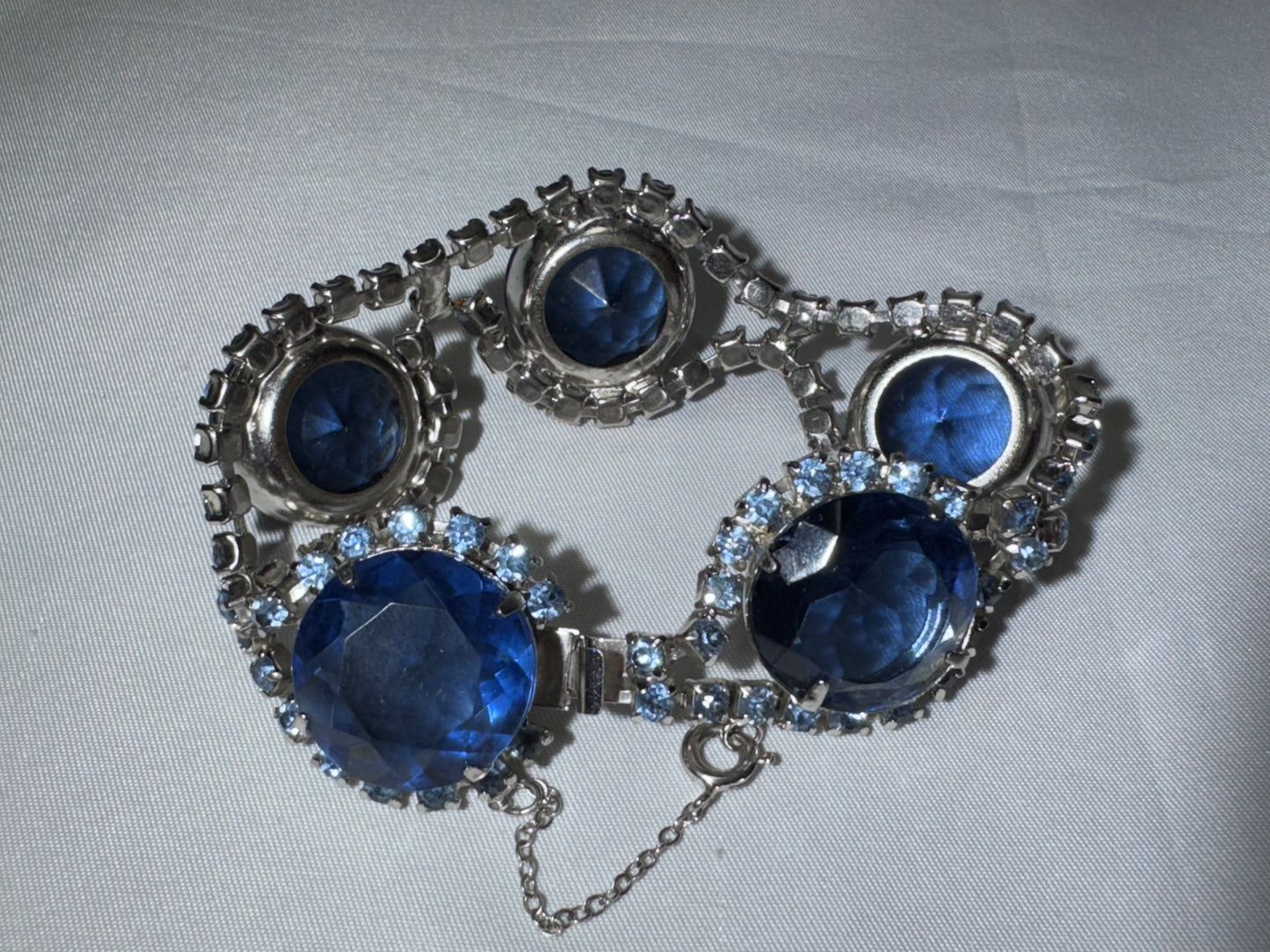 Vintage 1950s-60s Blue Rhinestone Link Bracelet Silver Tone Sapphire Glass