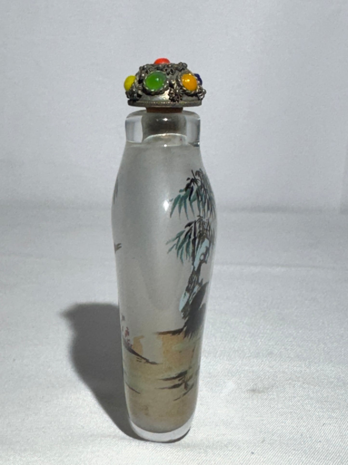 Antique Chinese Inside Painted Glass Snuff Bottle – Dual Crane Design – Jeweled Metal Topper