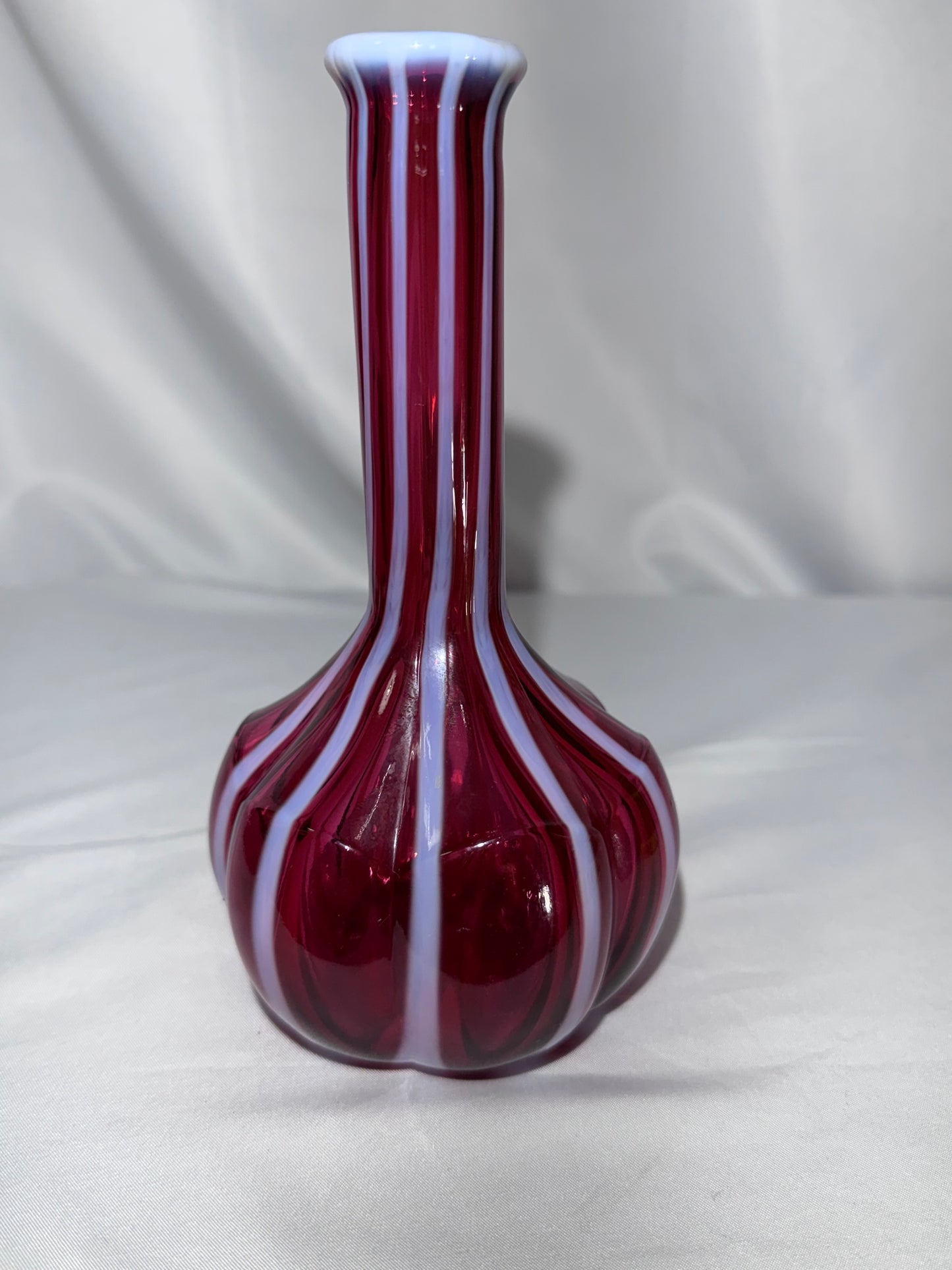 Vintage Fenton Cranberry Opalescent Rib Optic Barber Bottle / Bud Vase – 7.5”