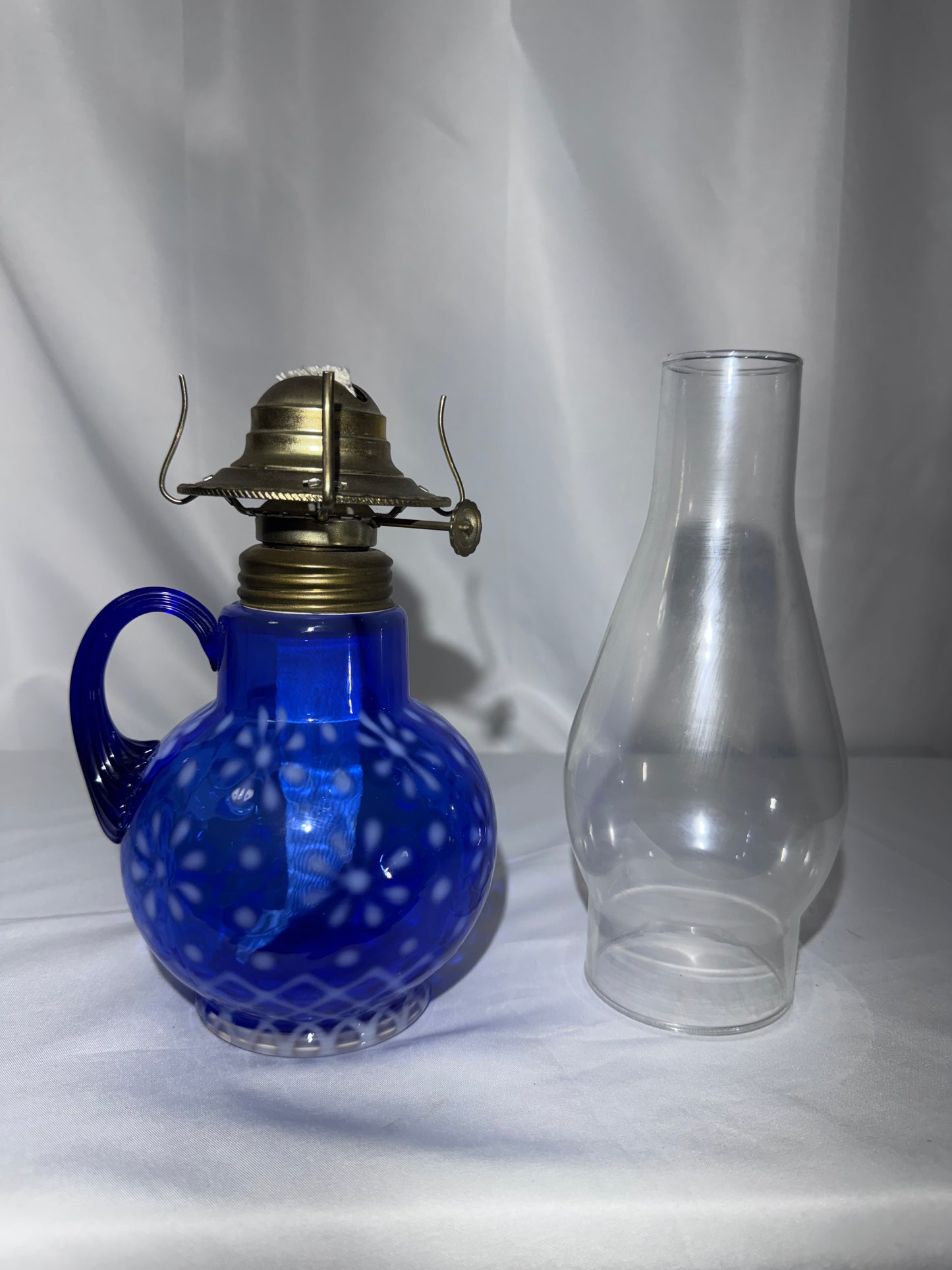Vintage Cobalt Blue Opalescent Glass Finger Oil Lamp – Snowflake Pattern – 14”