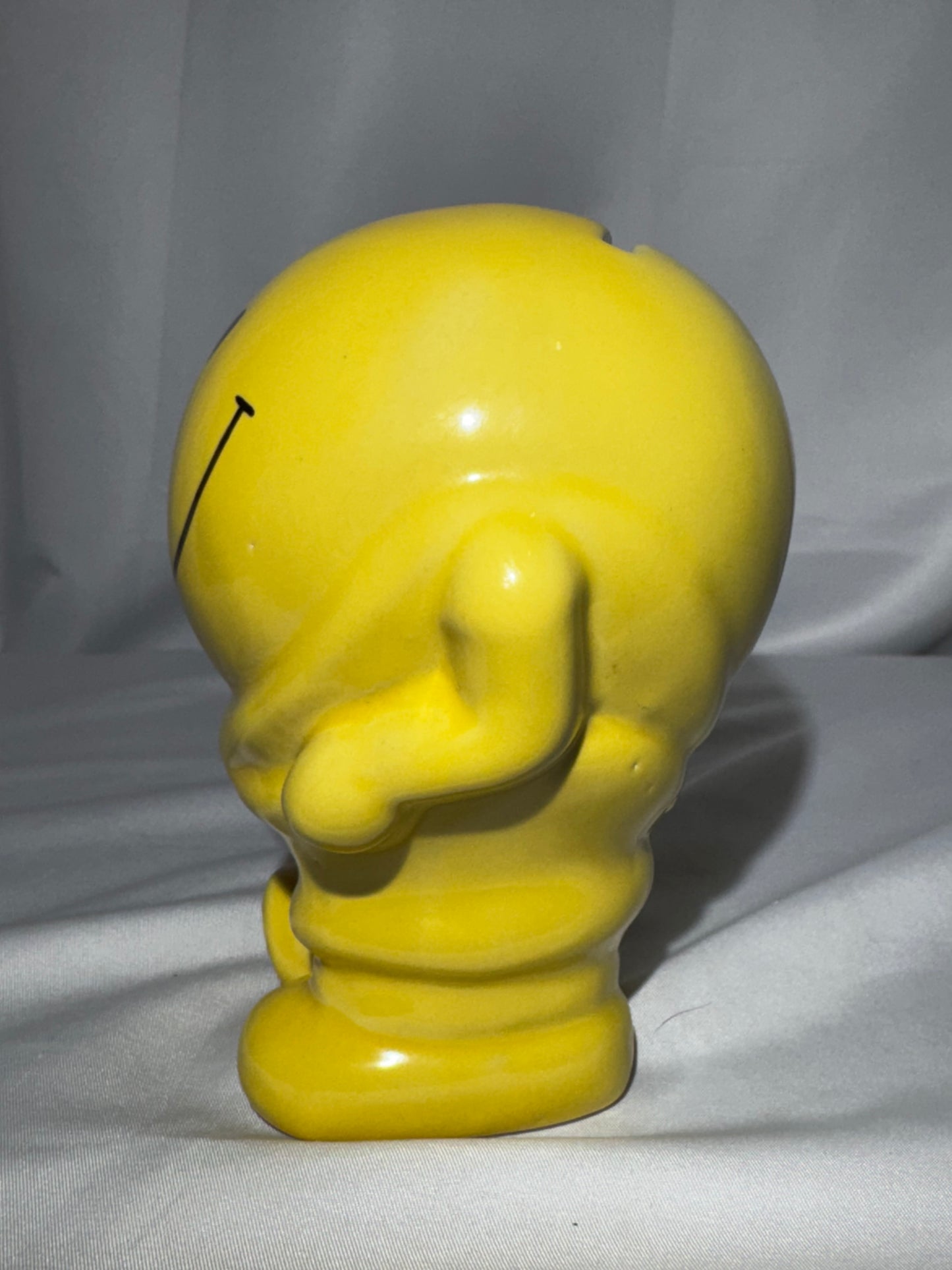 Vintage 1970s Yellow Smiley Face Man Ceramic Piggy Bank Coin Bank Retro Happy Face 5.5”