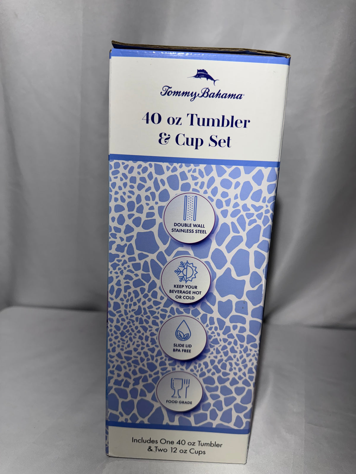 Tommy Bahama 3-Piece Stainless Steel Insulated Tumbler & Cup Set – 40 oz Tumbler & Two 12 oz Cups – NOS