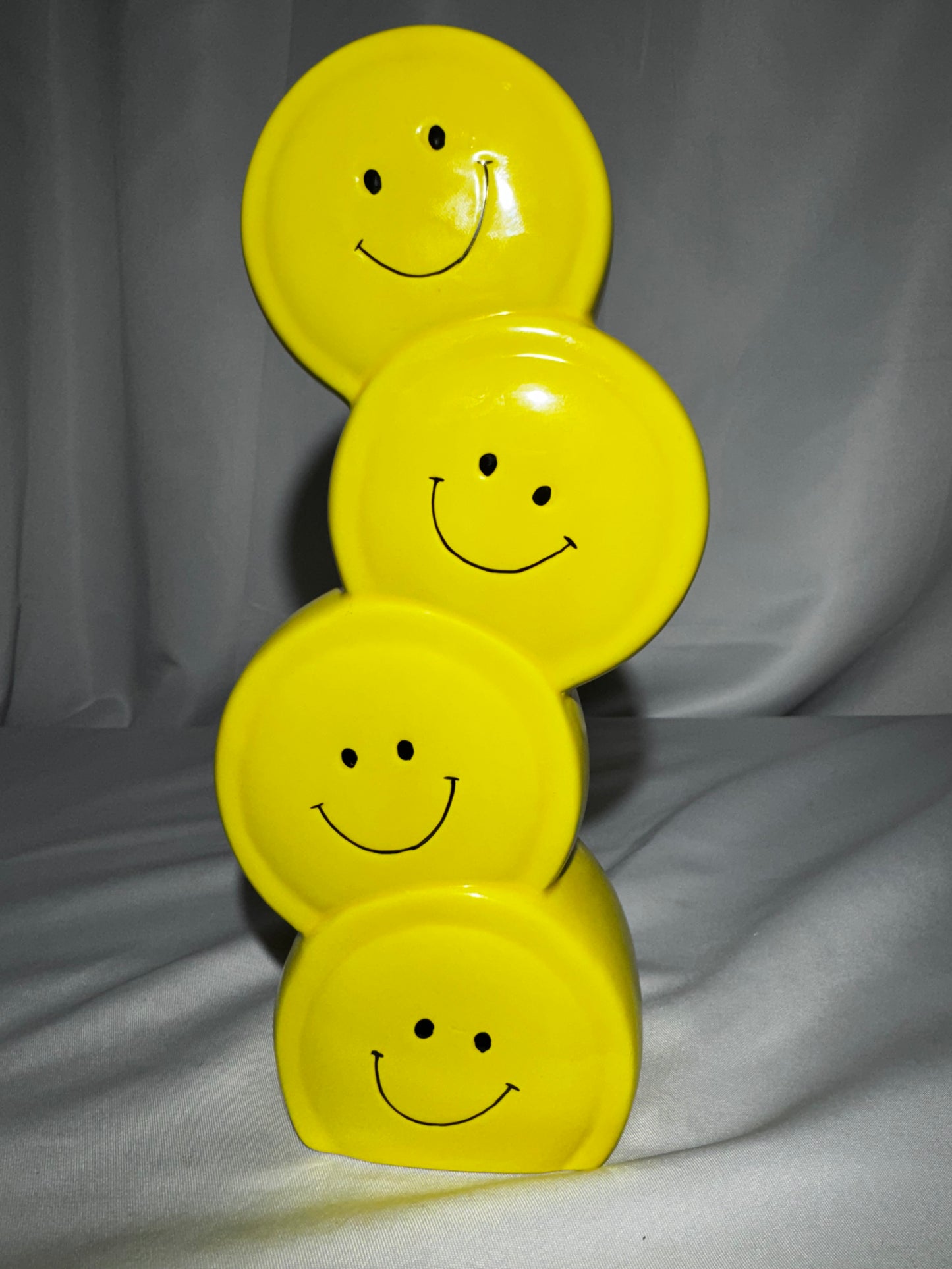Burton & Burton Yellow Smiley Face Ceramic Vase 4 Stacked Faces Retro 8.5” Tall