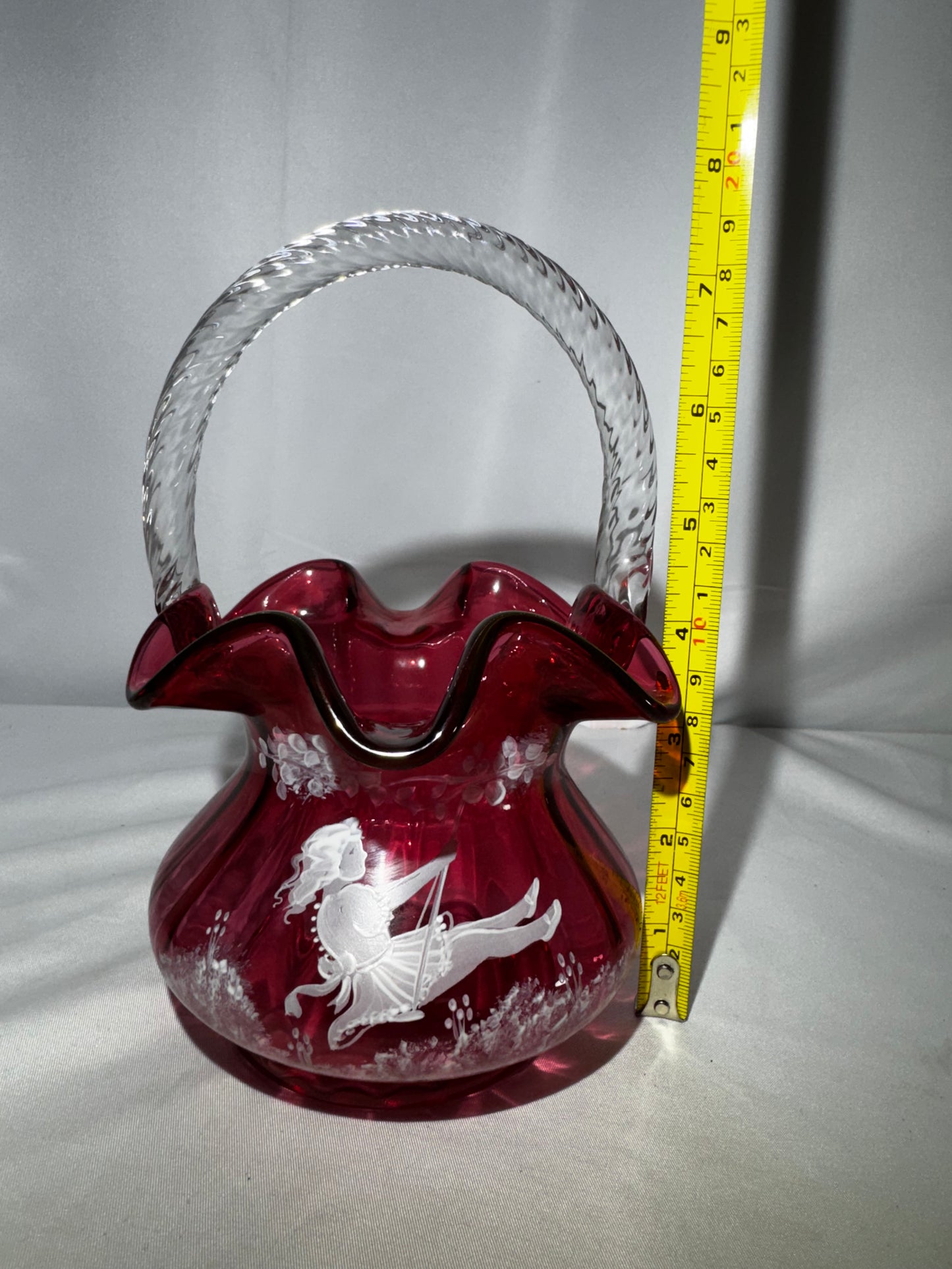 Fenton Art Glass Cranberry Basket Mary Gregory Child on Swing Hand-Painted #790/1500 Signed