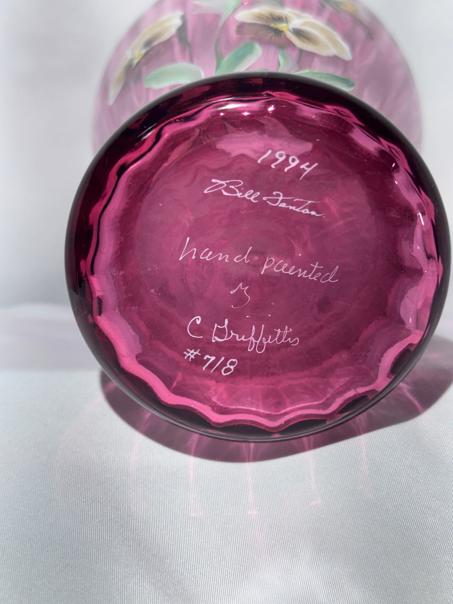 Fenton Pansies on Cranberry Optic Rib Vase 1994 – Hand-Painted – 9”
