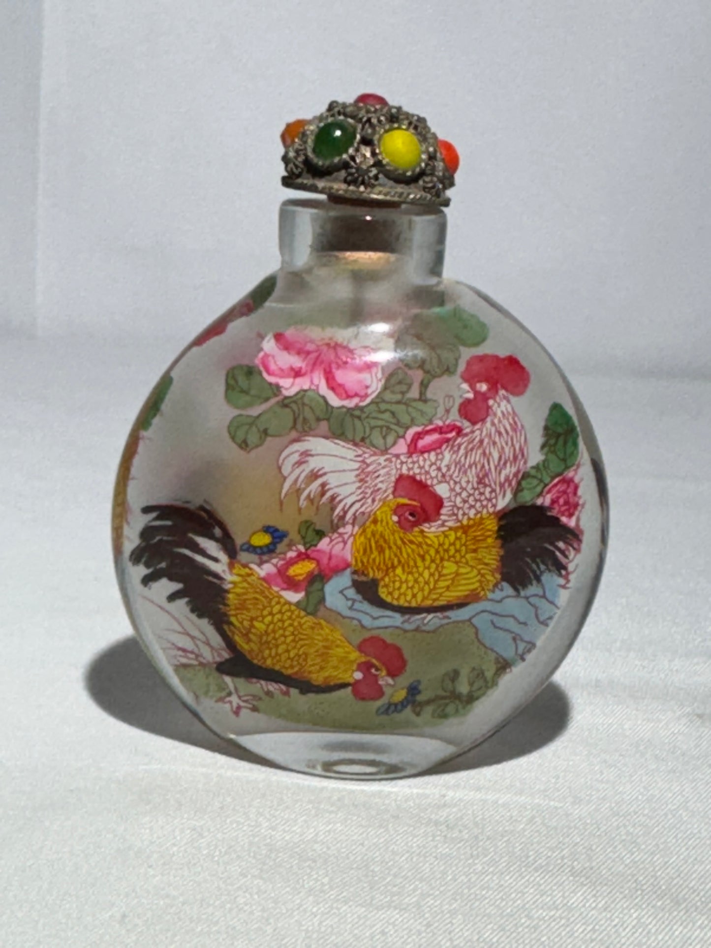 Chinese Reverse Hand Painted Glass Snuff Bottle – Dual Rooster Scene, Oval Shape