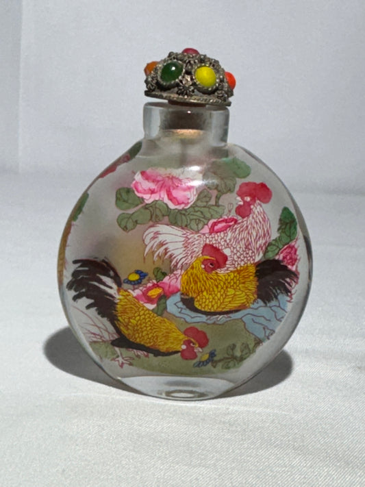 Chinese Reverse Hand Painted Glass Snuff Bottle – Dual Rooster Scene, Oval Shape