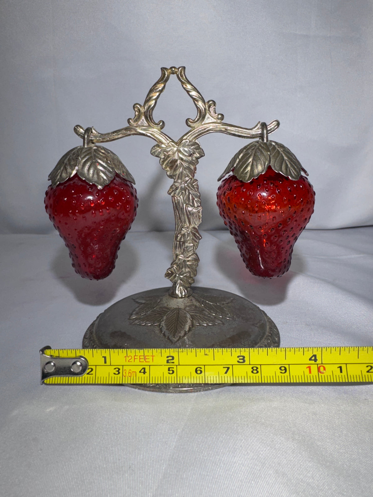 Vintage Japan Red Cadmium Glass Strawberry Salt Pepper Shakers w/ Hanging Stand