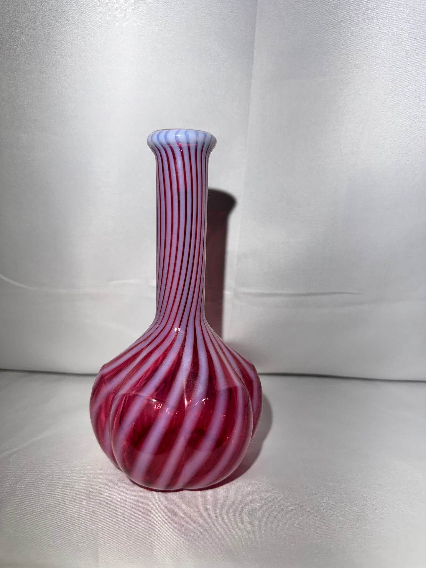 Cranberry Opalescent Barber Bottle – Melon Base Spiral Optic Glass