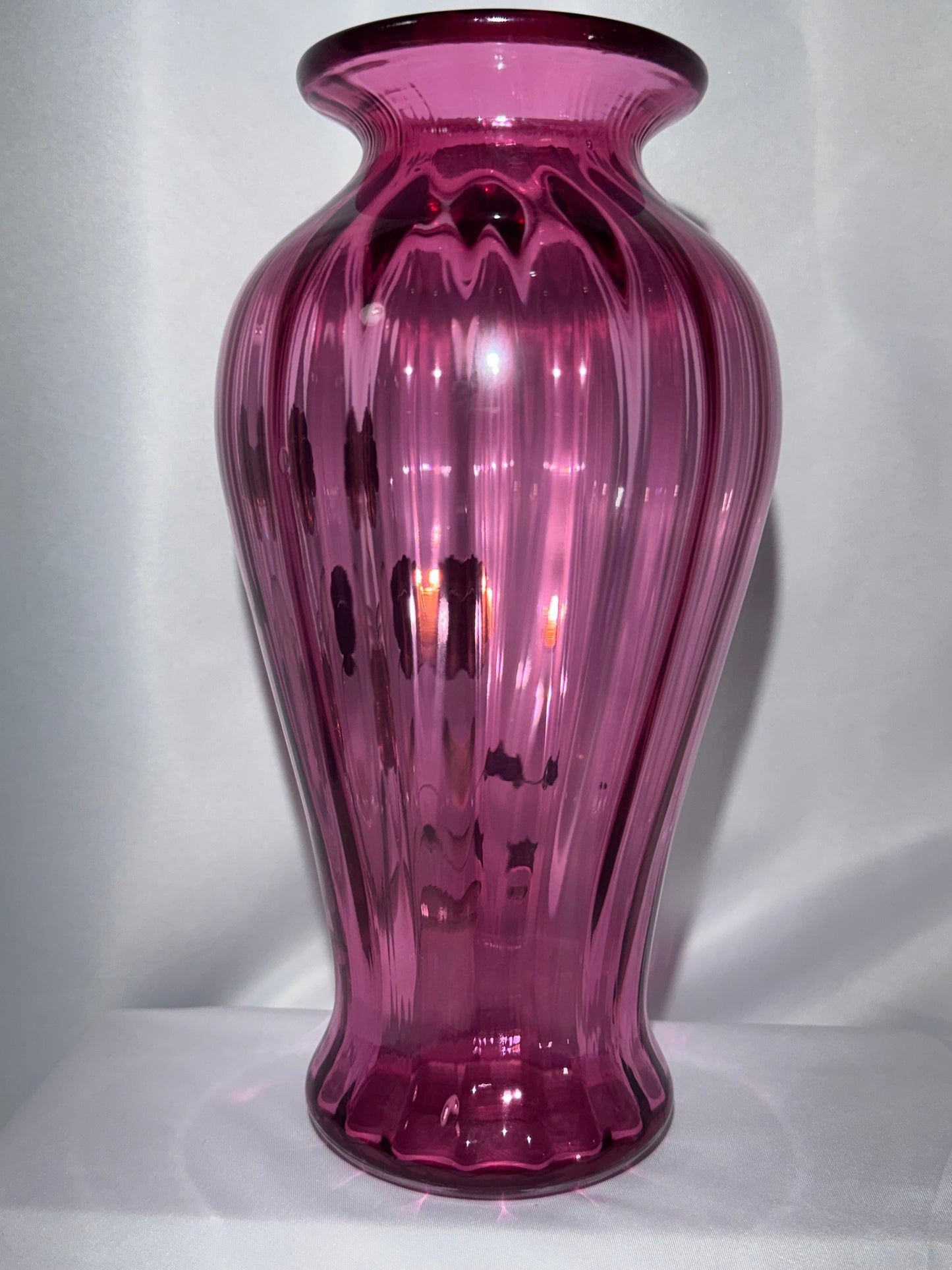 Fenton Pansies on Cranberry Optic Rib Vase 1994 – Hand-Painted – 9”