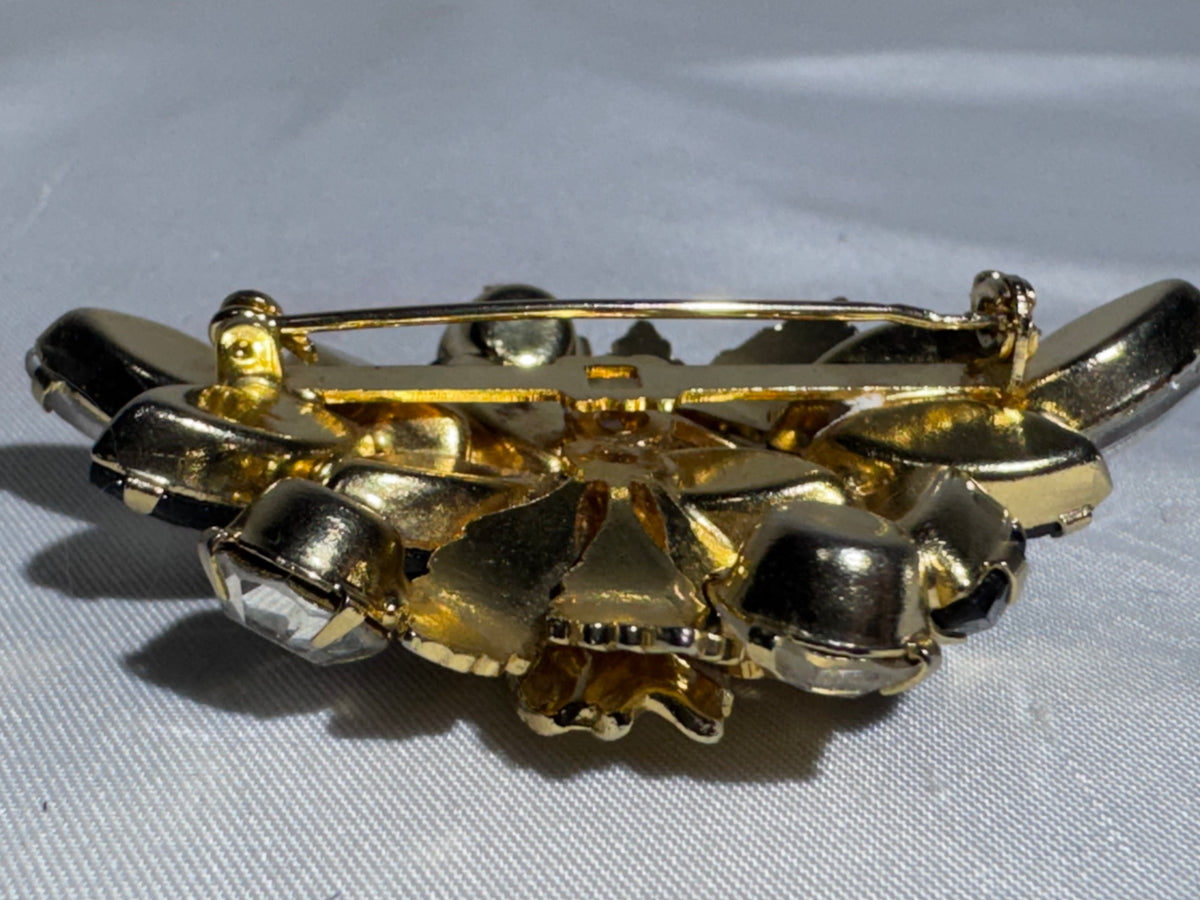 Vintage Weiss Style Black Rhinestone Floral Brooch Faux Pearl Gold Tone Unsigned