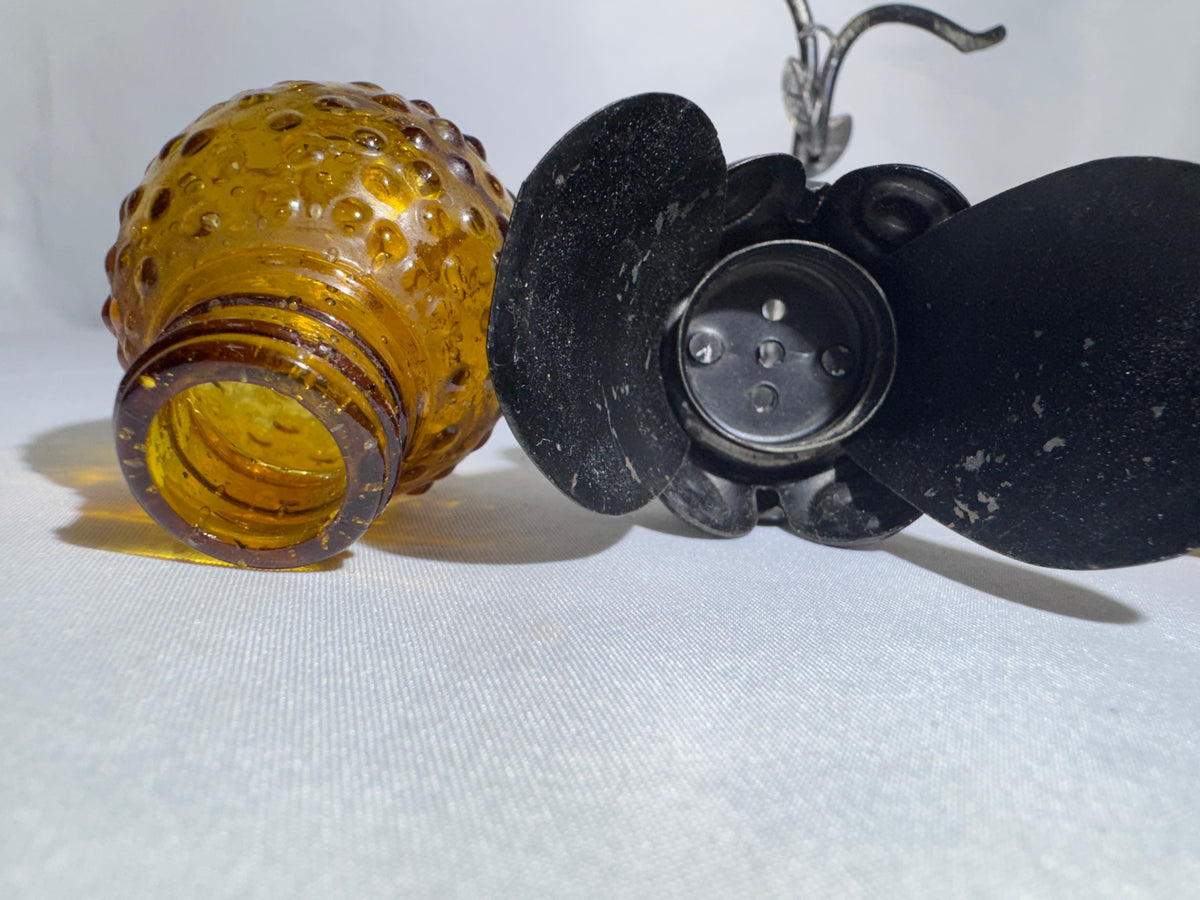 Vintage 1970s Amber Hobnail Glass Owl Salt & Pepper Shakers w/ Metal Tree Stand
