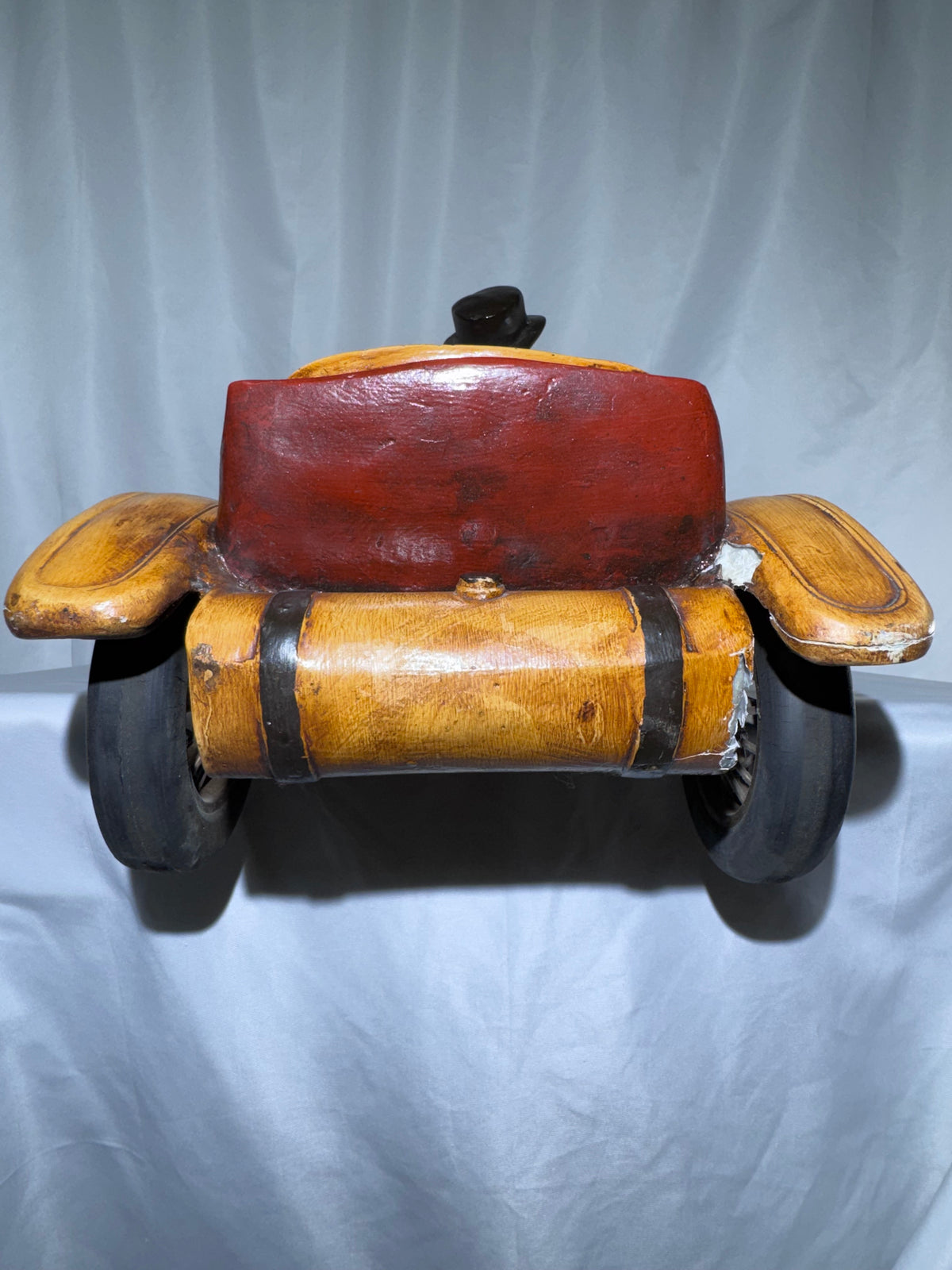Antique Style 1913 Touring Car Wooden Sculpture Hand Painted Driver Top Hat 26.5” Read