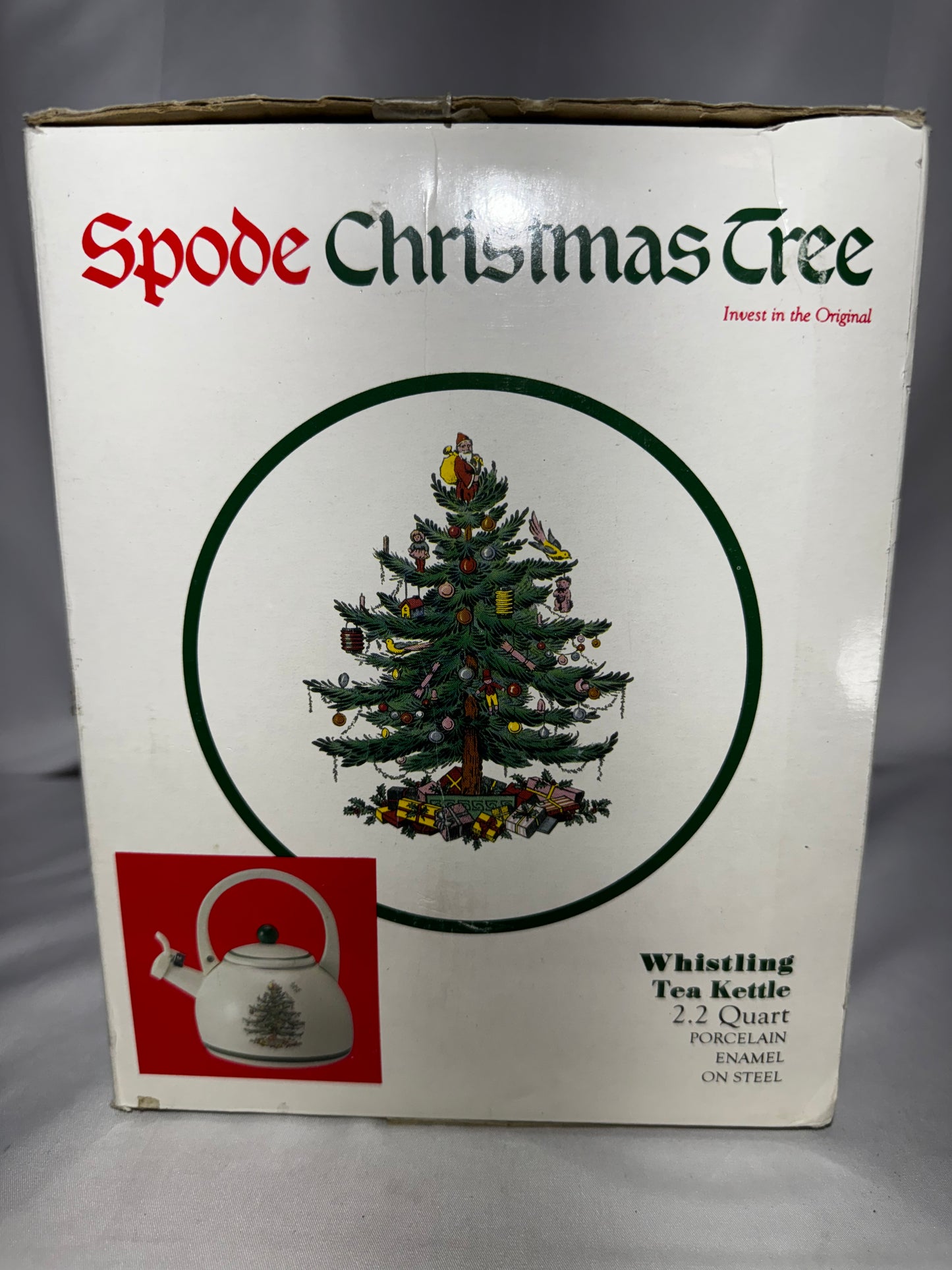 Spode Christmas Tree Enamel on Steel Whistling Tea Kettle 2.2 Qt w/ Original Box Holiday