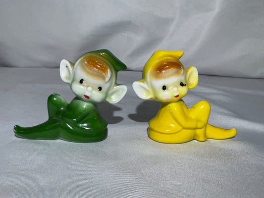 Vintage Japan Ceramic Pixie Elf Figurines Pair – 1950s – Green & Yellow Knee-Hugger Shelf Sitters