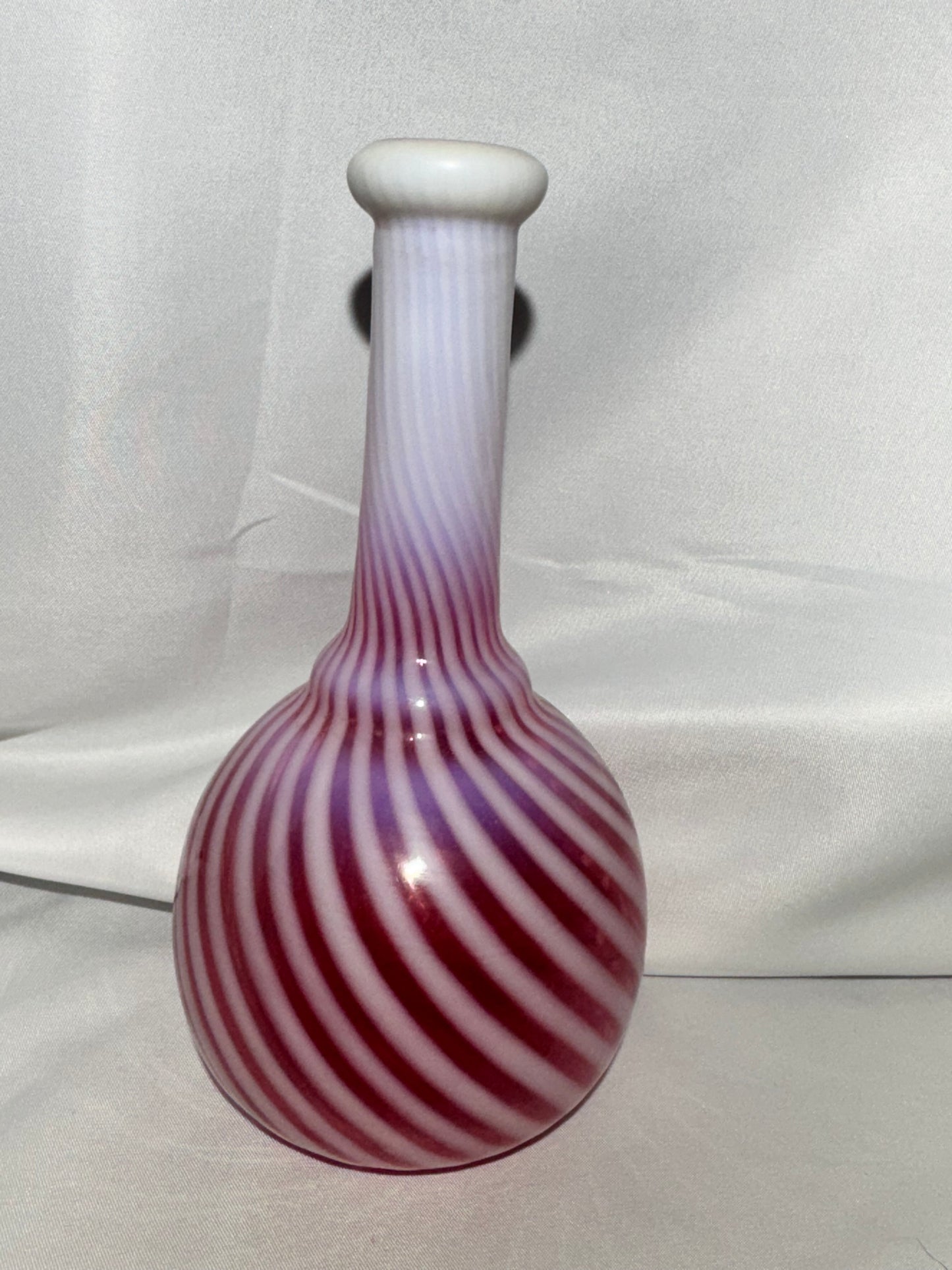 Antique Cranberry Opalescent Barber Bottle – Pronounced White Swirl & Defined Collar