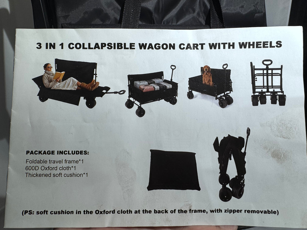 Snap-on Black Collapsible Utility Beach Wagon with Built-In Bench Seat – Foldable Travel Wagon