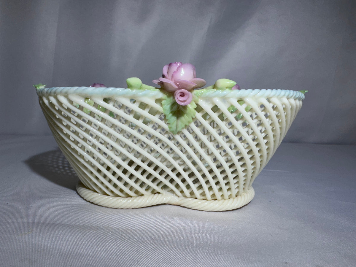 Vintage Irish Belleek Porcelain Four-Strand Woven Basket with Pink Roses – Made in Ireland