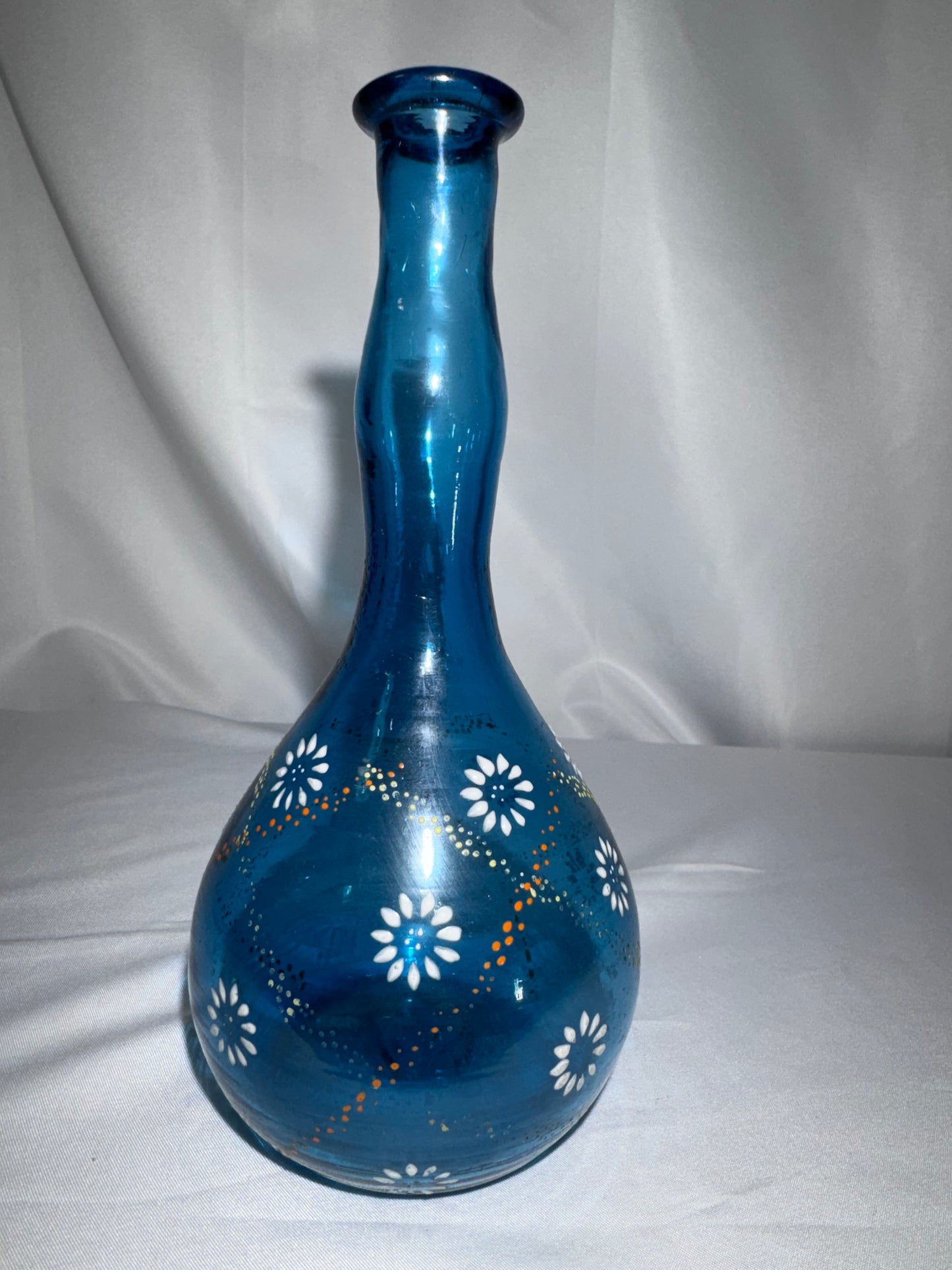 Antique Victorian Blue Glass Barber Bottle – Hand-Painted Daisy & Enamel Floral Design