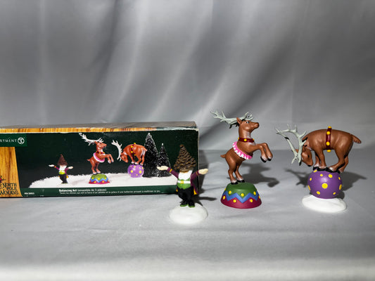 Department 56 North Pole Woods Balancing Act #56932 Retired Elf Reindeer Figurine Set w/ Box