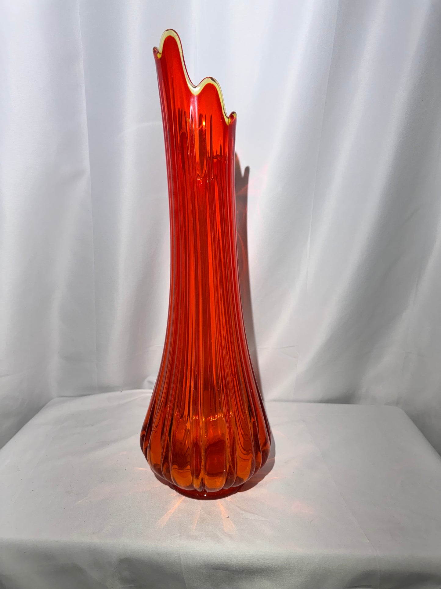 Vintage L.E. Smith Flame Red Swung Glass Vase – 21” Mid-Century Modern Art Glass