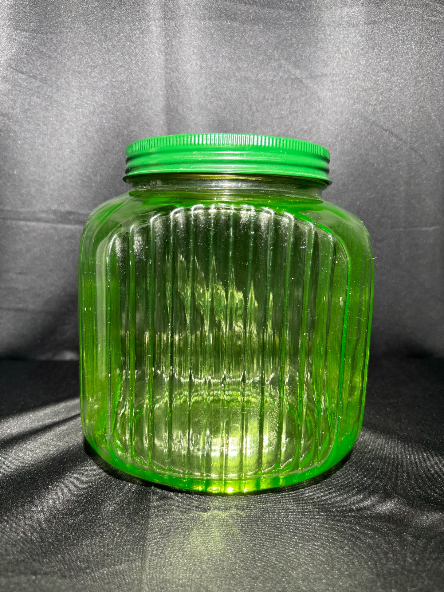 Vintage 1930s Uranium Glass Hoosier Cookie Canister w/ Green Lid & Original Sticker UV Glow
