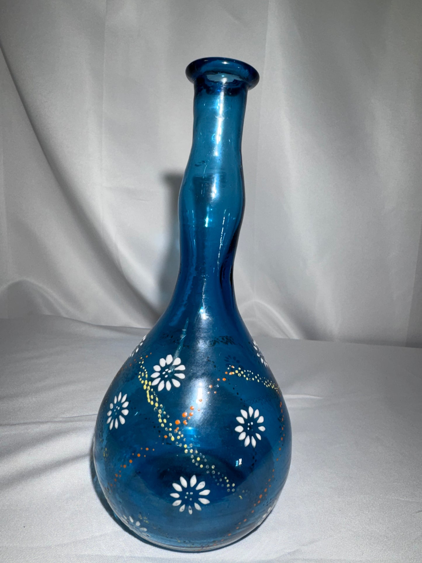 Antique Victorian Blue Glass Barber Bottle – Hand-Painted Daisy & Enamel Floral Design